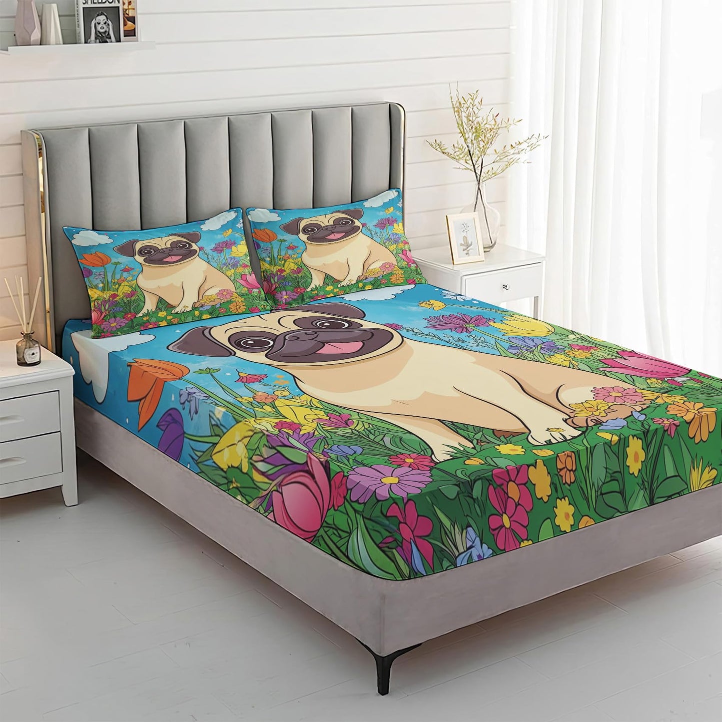 Rejkxyw King Size Sheets Set Cartoon French Bulldog - Puppy Dog Bed Sheets - Kids Boys Girls Sheet Set - 12 Inch Deep Pocket - Ultra Soft Winkle Free Microfiber Bedding Sheets & Pillowcases 4 Piece