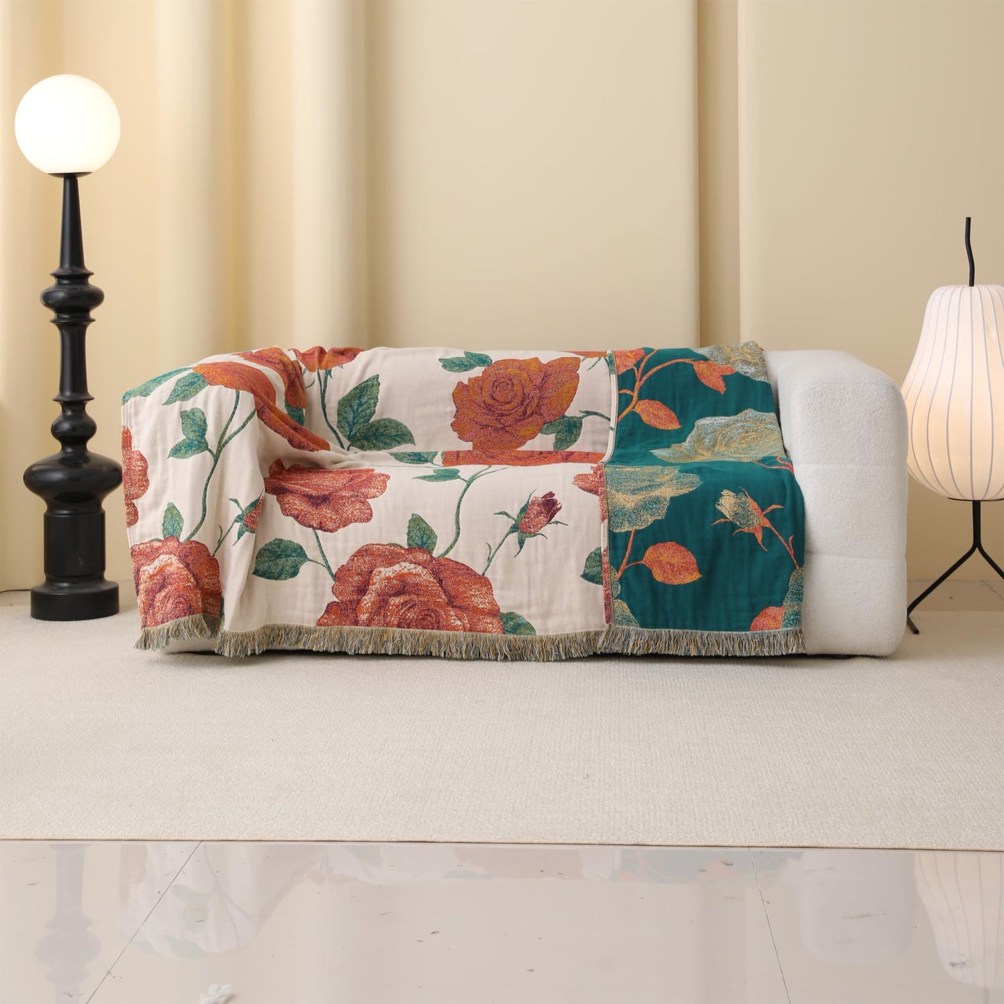 BRYALIX 100% Cotton Muslin Floral Throw Blanket, Red Rose Pattern, Lightweight Quilt, Boho Farmhouse Decorative Fringed Reversible Jacquard Throw for Home, Picnic, Travel, 60"x80"