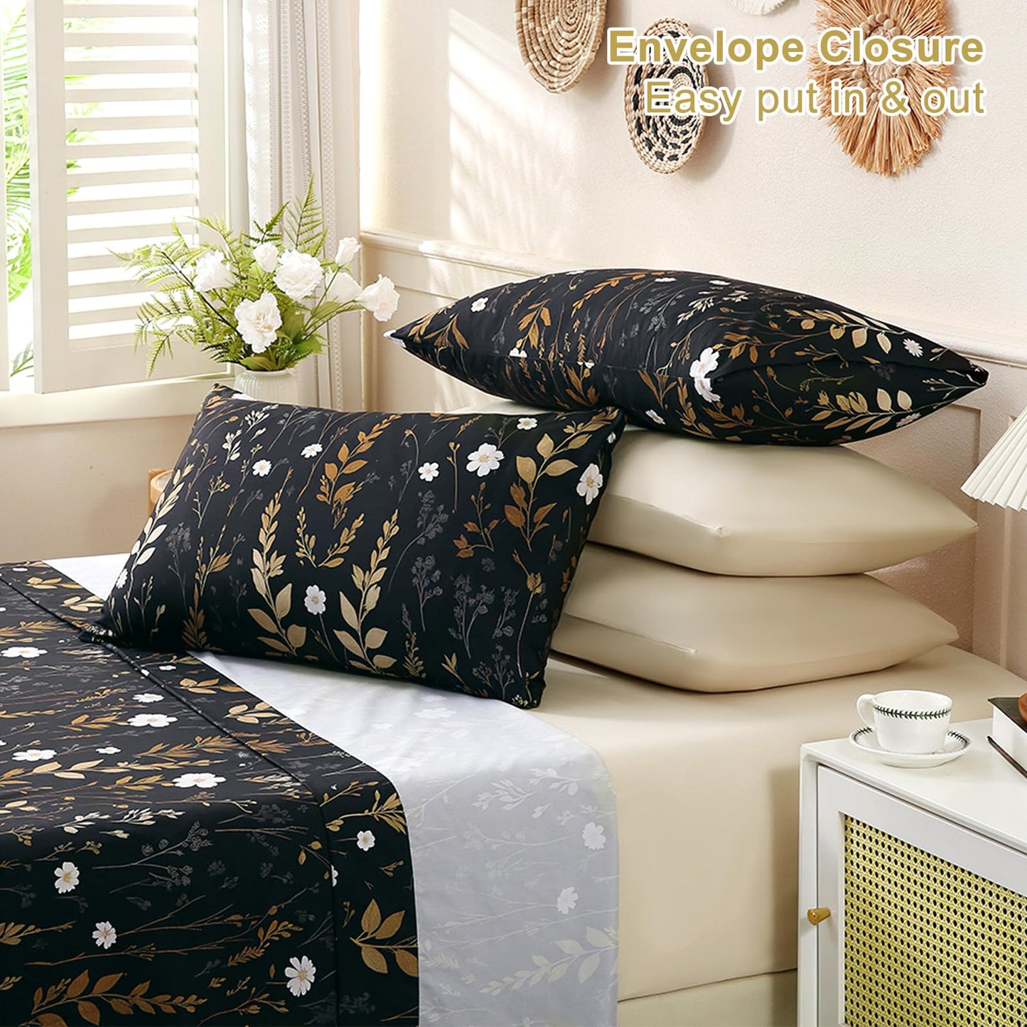 Botanical 6-Piece Full Size Sheets Set, Boho Floral Print Brushed Microfiber Sheets, Cooling Bed Sheet Set, Ultra Soft & Breathable, 16' Deep Pocket Fitted Sheet & Pillowcase Set, Beige Brown Leaves