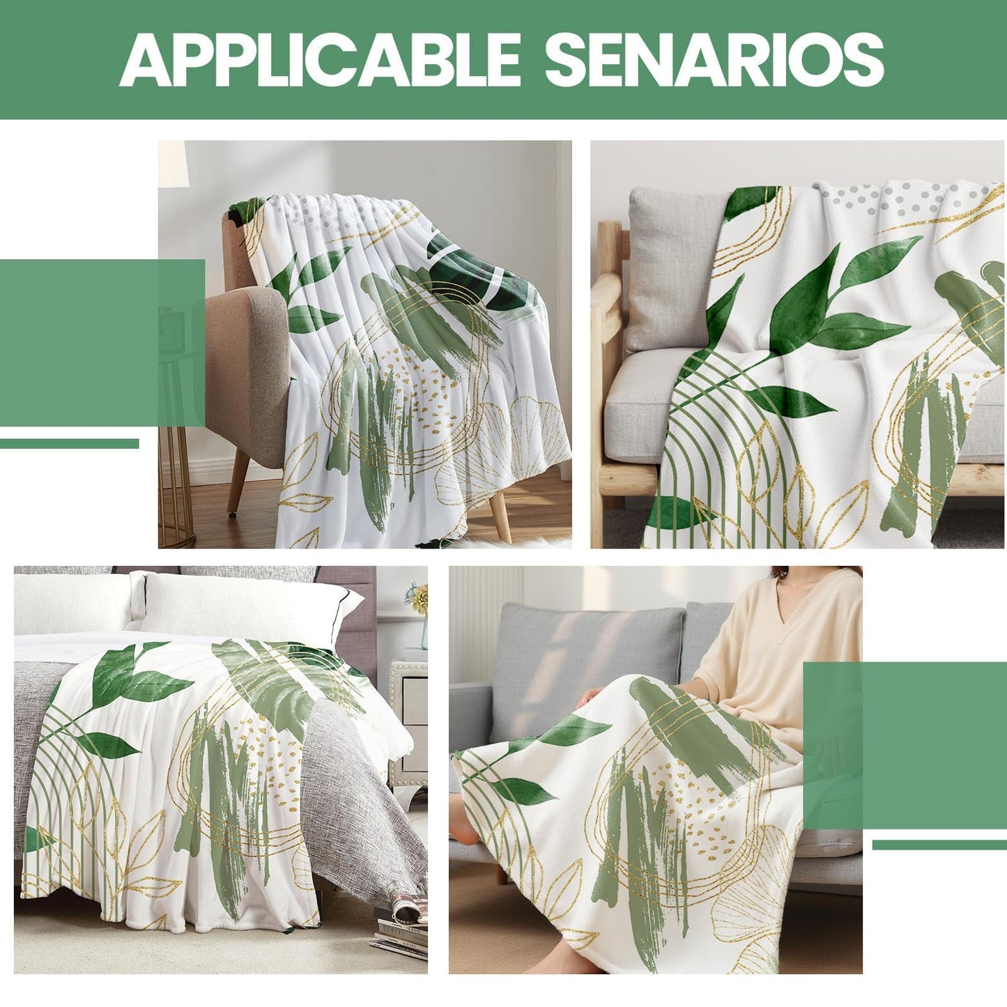 Pdvbiee Sage Green Leaf Throw Blanket, 50x60 in