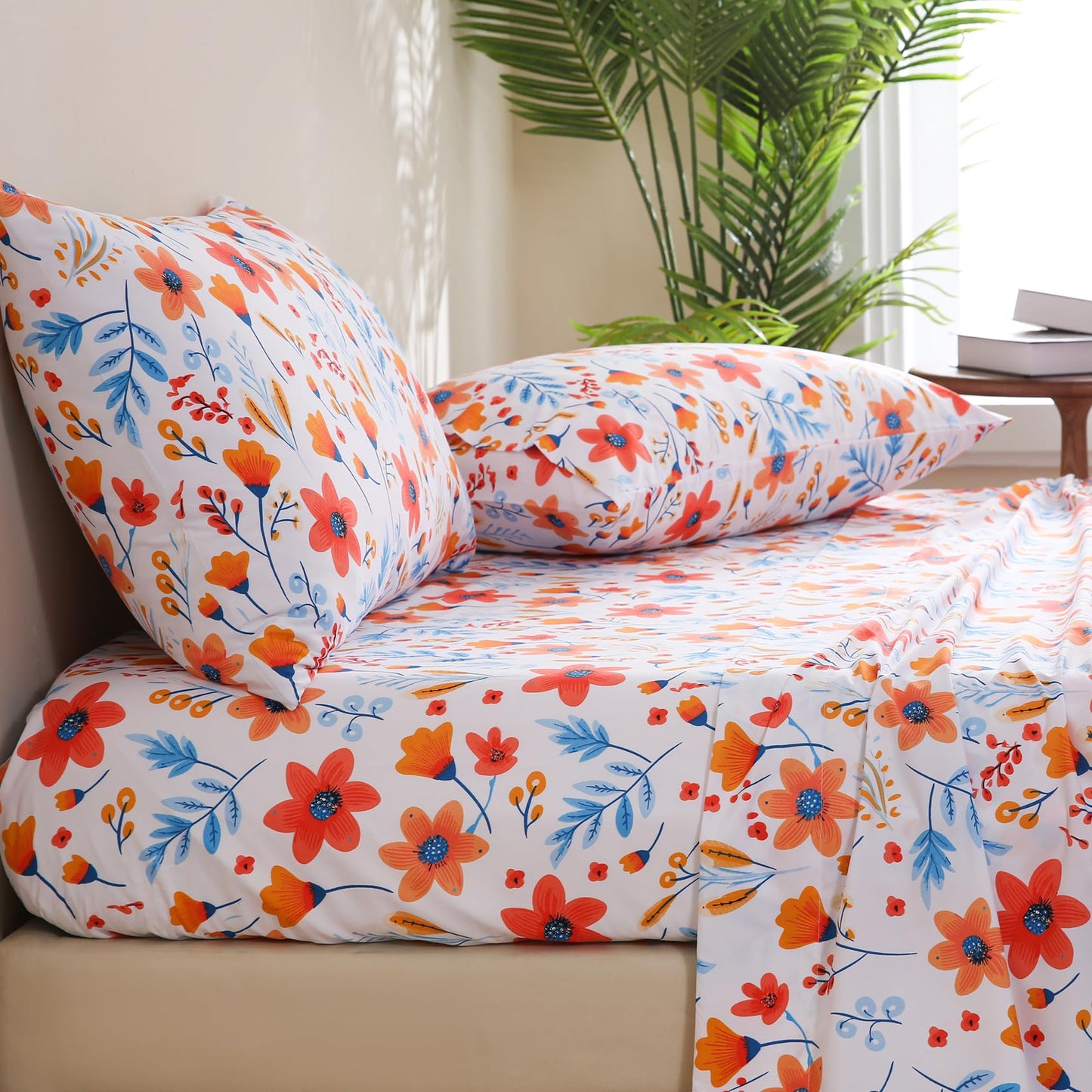 JSD Floral Printed Sheet Set Full Size, 4 Piece Spring Pattern Microfiber Bed Sheets Deep Pocket, Oeko-TEX Certified