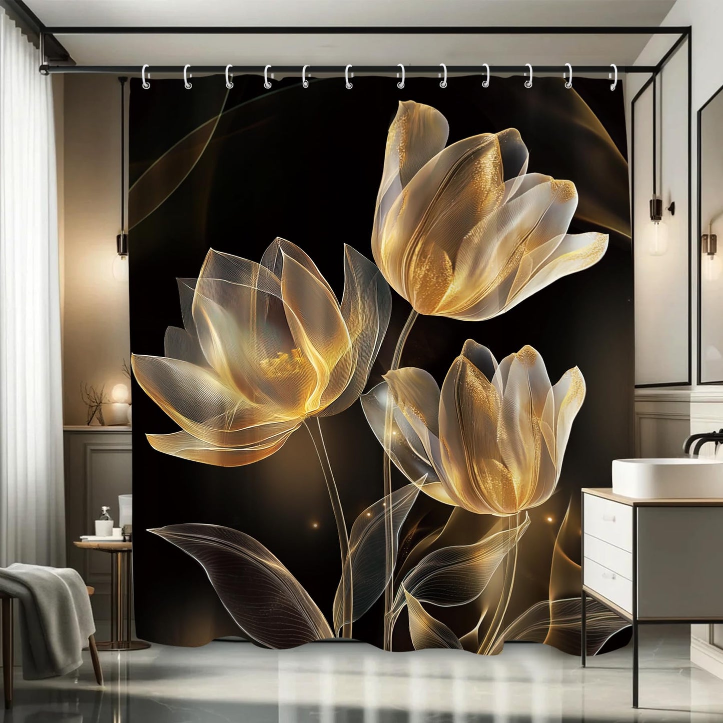 Glioown Black Gold Lotus Tulip Shower Curtain 60Wx71L, Modern Flower Blossom Shower Curtains for Bathroom Decor, Beautiful Elegant Botanical Shower Curtain Set Home Decor 12 Pack Hooks