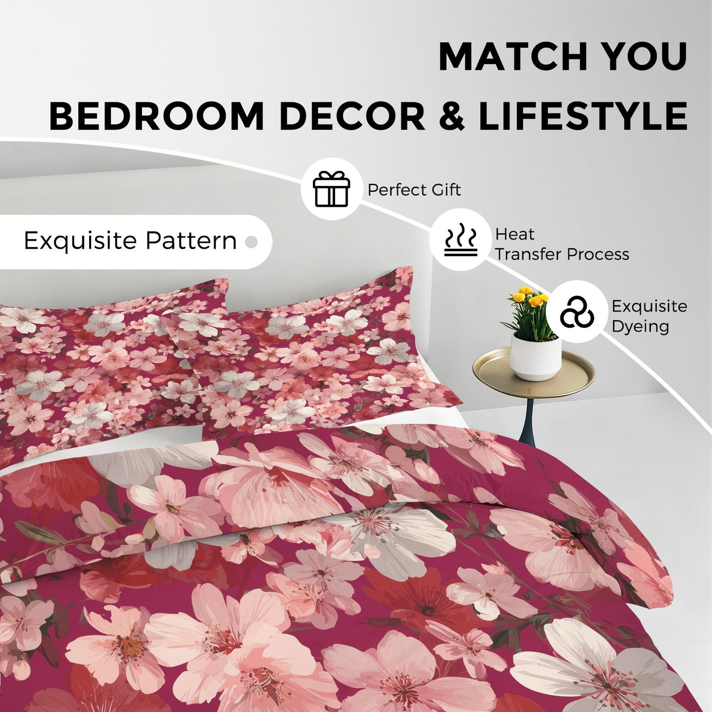 Cherry Blossom Duvet Cover Queen, Burgundy Pink Flower Bedding Set 3 Piece & 2 Pillowcases, Pink Floral Bedroom Decor, Reversible Soft Microfiber, Zipper Ties