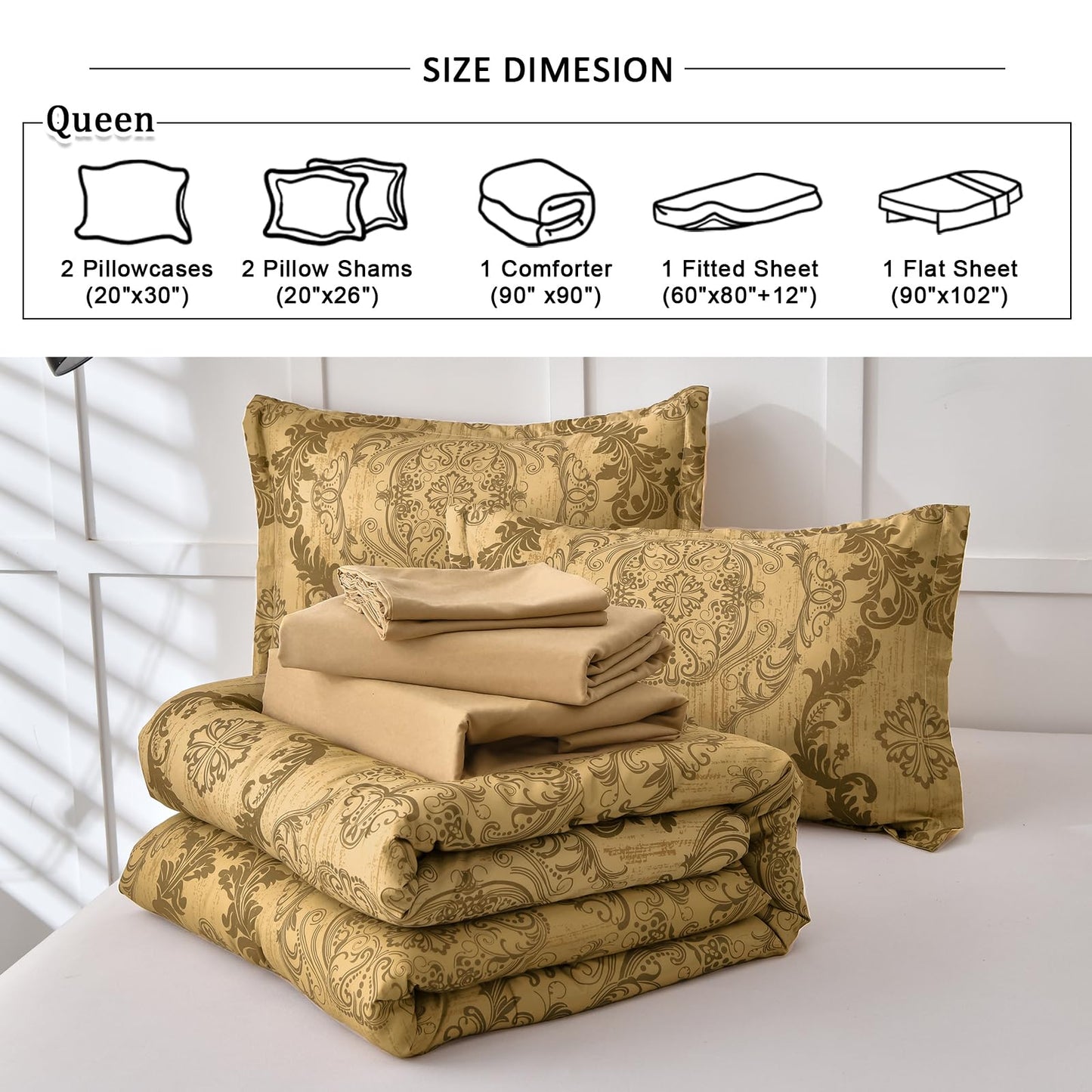 WONGS BEDDING Gold Comforter Set Queen Size, Damask Texture Design 7 Pieces Bed in a Bag Microfiber Comforter Bedding Sets -1 Comforter, 1 Flat Sheet, 1 Fitted Sheet, 2 Pillow Shams, 2 Pillowcases