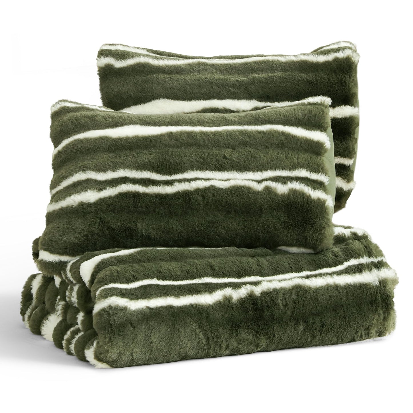 Wonderful 3 Pieces Fluffy Faux Rabbit Fur Comforter Set King Size, Dark Green Plush Fuzzy Bedding Set, Animal Stripes Design Warm Soft Comforter Bedding Set for All Season,104"x94"