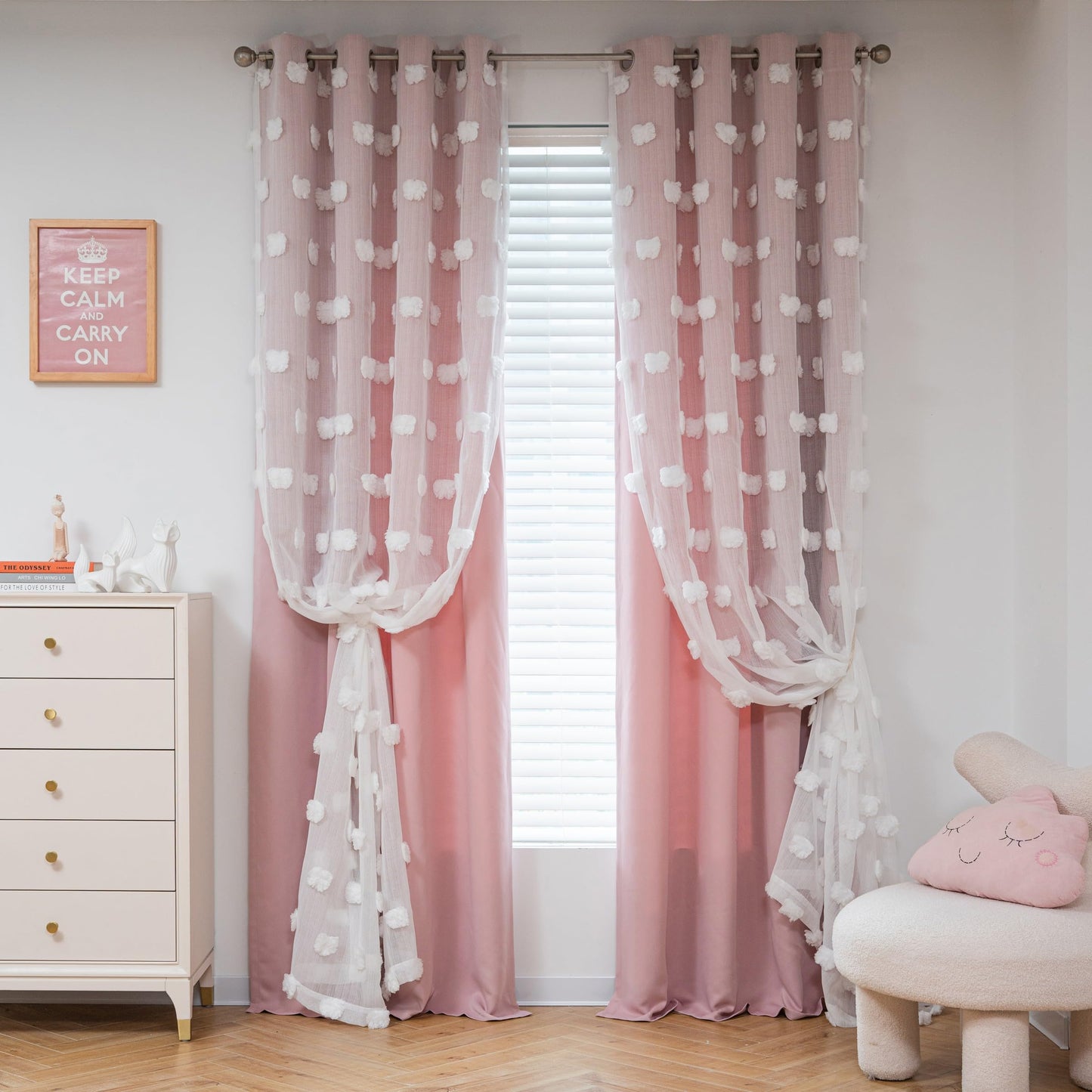 MYSKY HOME Pink Curtains for Girls Bedroom 84 Inches Long Blackout Nursery Curtains Double Layer Pom Pom Sheer Overlay Kids Toddler Room Decor Grommet Privacy Room Darkening Window Drapes 52 x 84 Inch