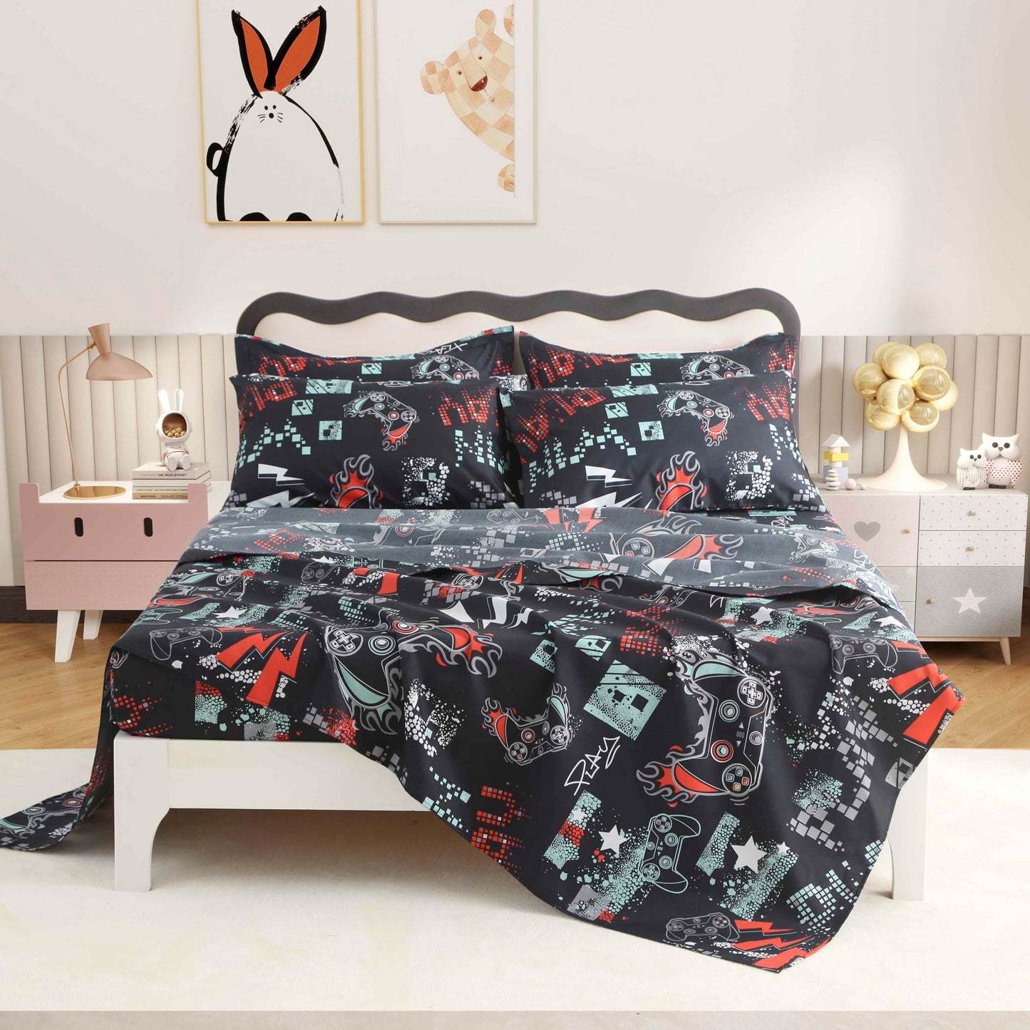 SDY 4 Pieces Gaming Bed Sheet Full,Super Cute Soft Game Console Bedding Sheet Sets for Boys, Girls, Kids and Toddler, Bed in A Bag with 1 Fitted Sheet+ 1 Top Flat Sheet + 2 Pillowcases