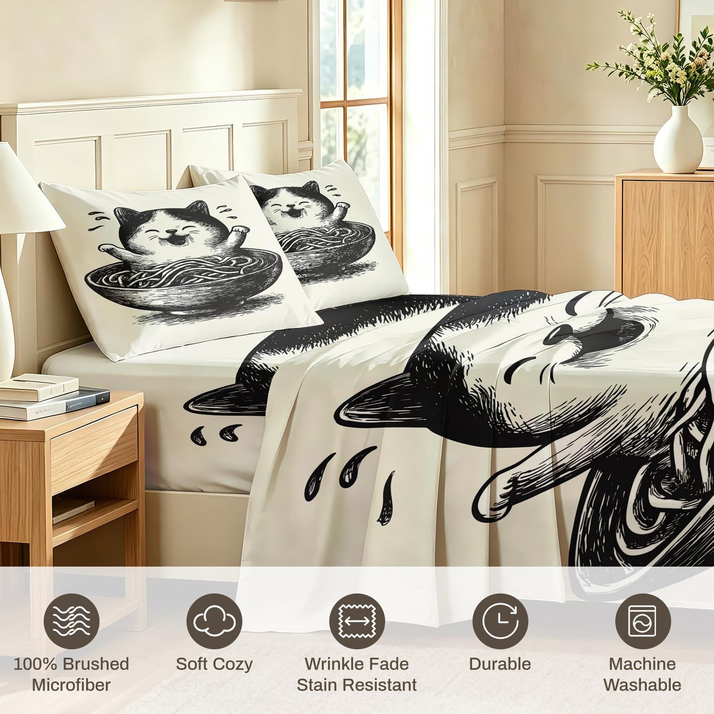 Cute Cat Sheet Set, 3 Pcs Twin Size Funny Cat Bed Sheets