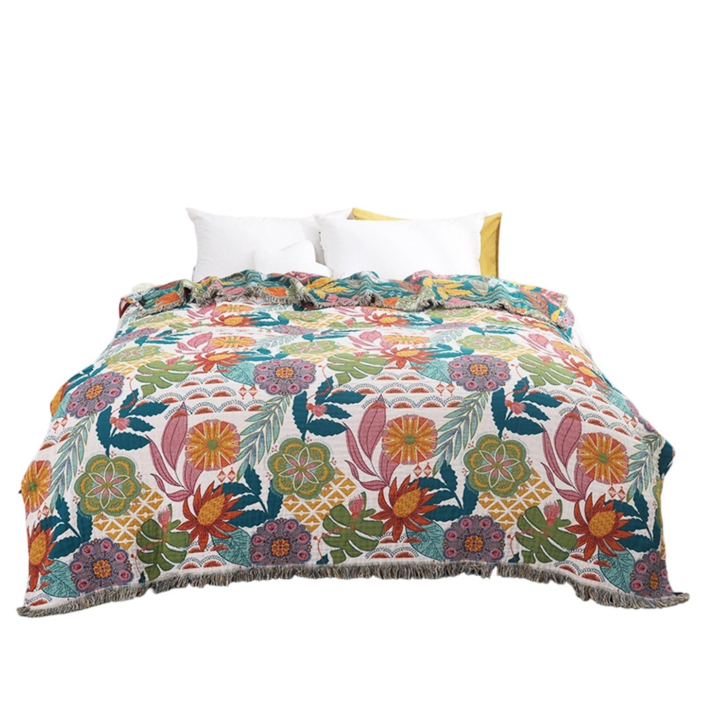 BRYALIX 100% Cotton Floral Throw Blanket, Muslin Lightweight Super Soft Quilt, All Season Decorative Reversible Jacquard Bedding with Fringe, Boho Tropical Floral Farmhouse Blanket, 60"x80"