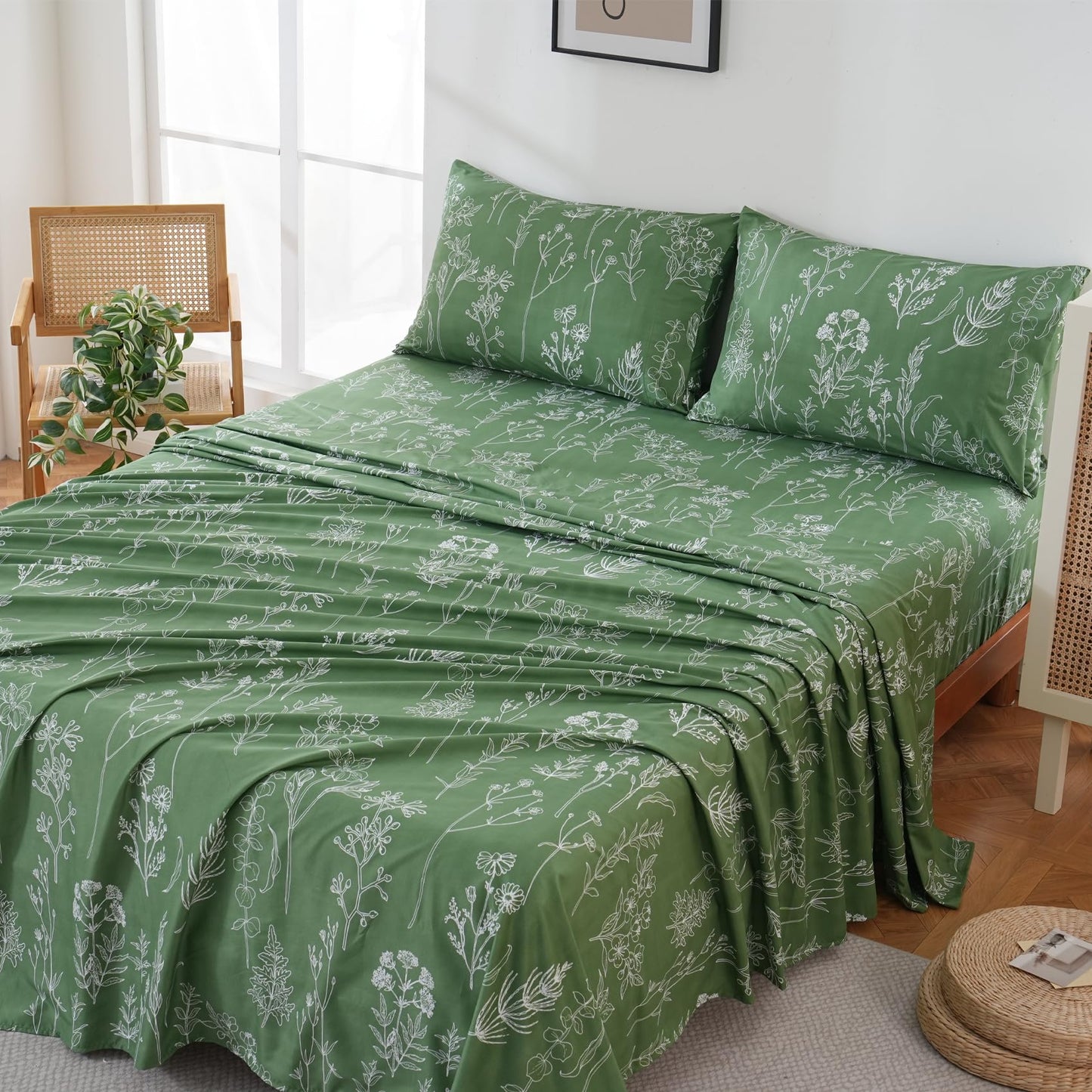 Yibeizi Green Floral Sheet Set King, Botanical Rustic Pattern Bed Sheets Boho Bedding Sheets & Pillowcases Soft Microfiber 15" Extra Deep Pocket Fitted Bedsheet 4 Piece