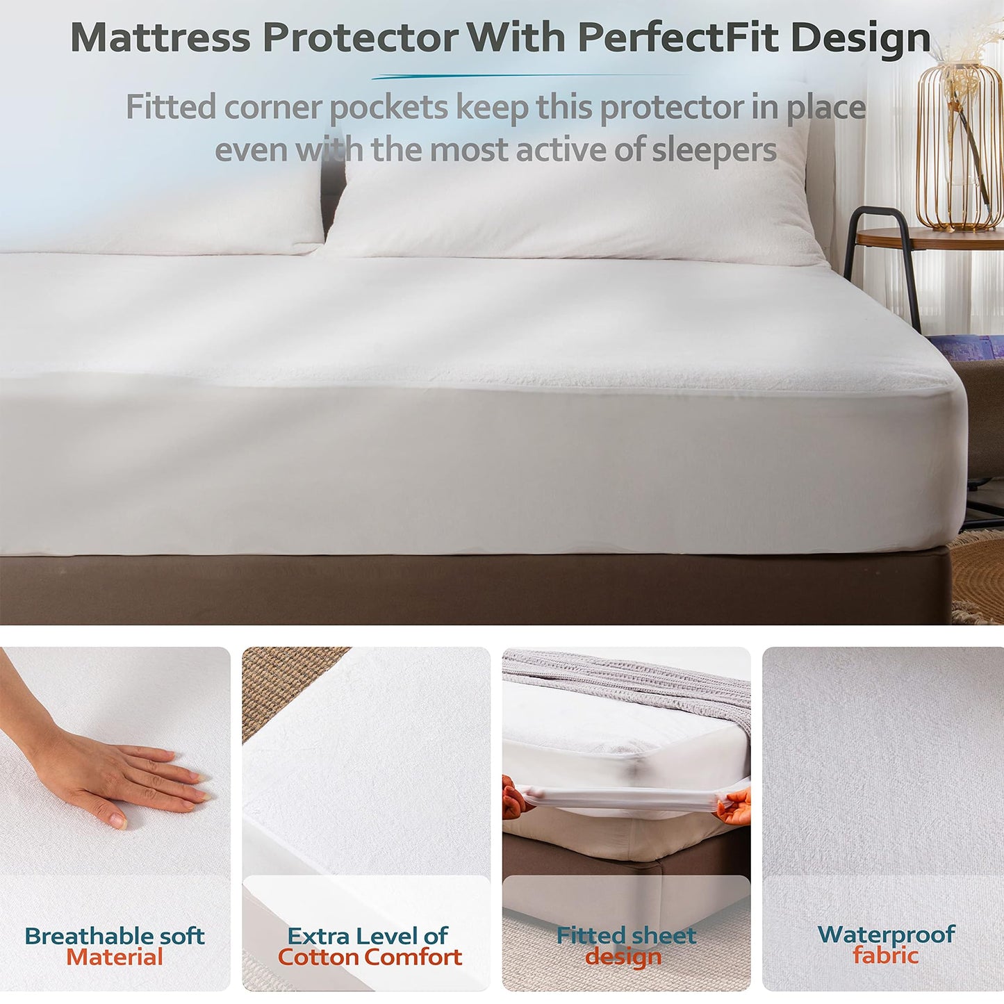 PlushDeluxe King Mattress Protector, Breathable Soft Terry Cotton Fitted Sheet Bed Cover with Deep Stretchable Pockets, 100% Waterproof, Noiseless, Hypoallergenic, Dust Mite Proof, 76"x80"x15"