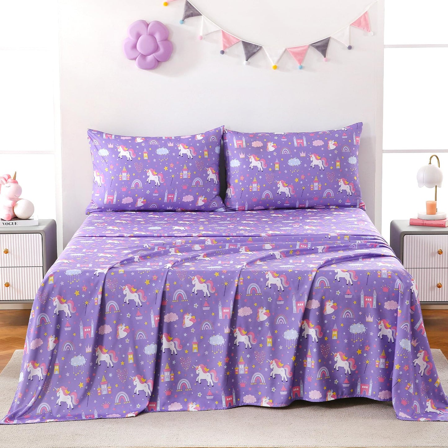 MICORAL Kids Twin Sheet Set Dinosaur, 3 Pieces Unicorn Purple Sheets for Boys & Girls, Soft Printed Microfiber Bed Sheets, Deep Pocket Cozy Toddler Bedding Set