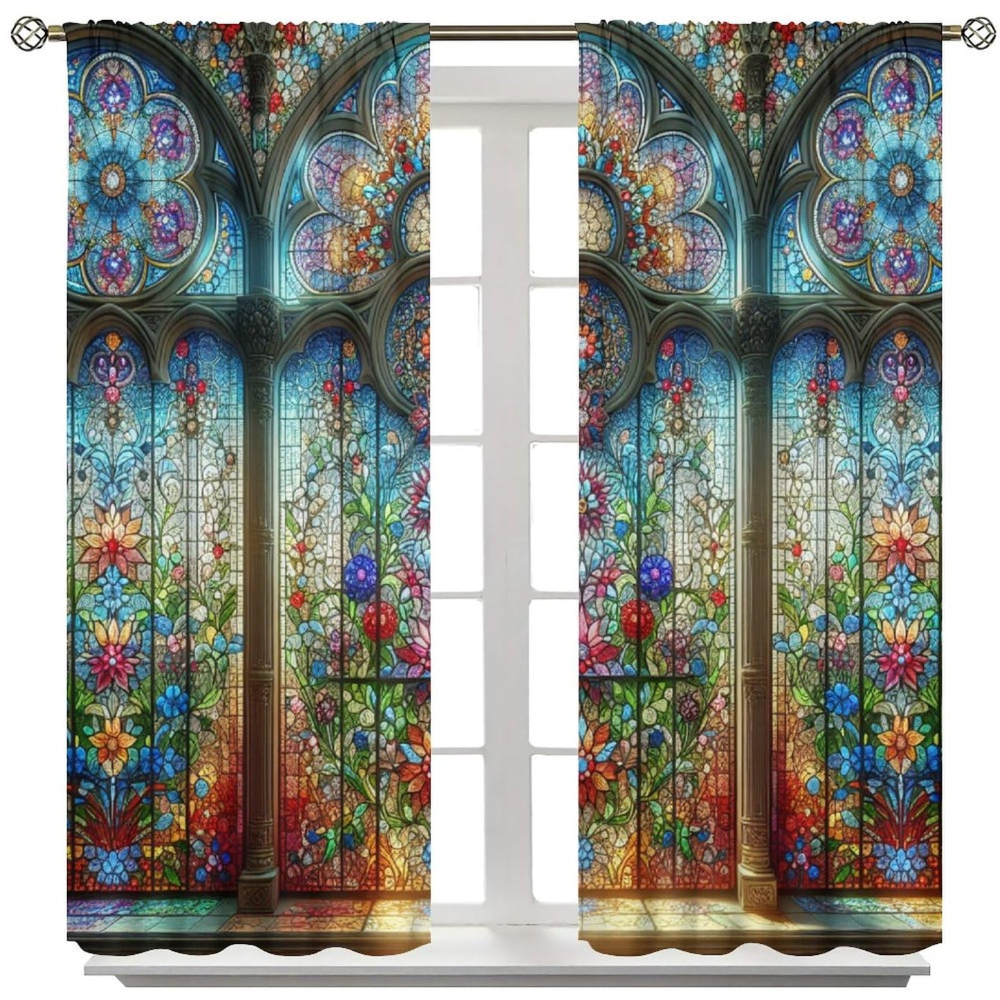 FengMingRui Stained Glass Curtains Vintage Abstract Geometry Floral Window Treatments for Boys Girls Bedroom Living Room Window Drapes 42" W X 45" L
