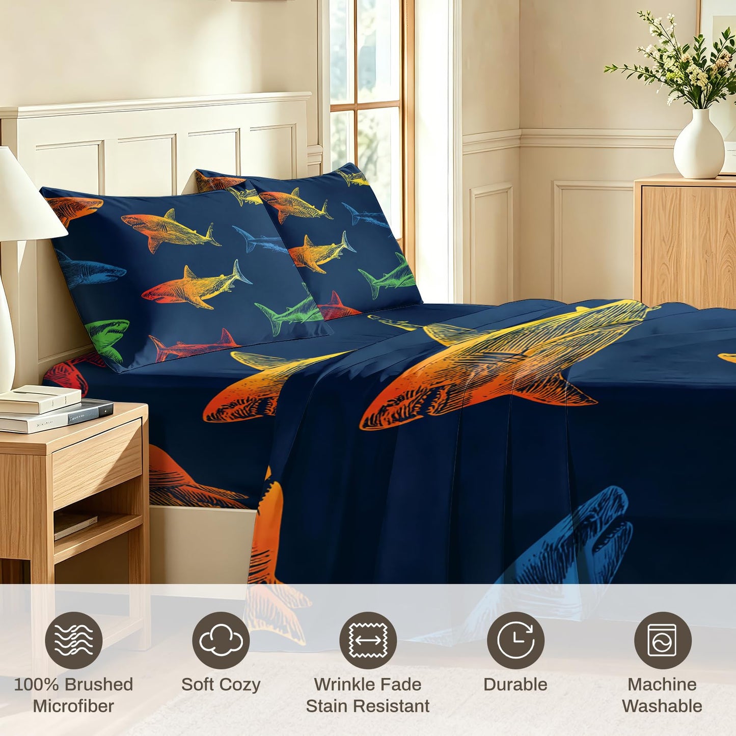 Shark Bedding Set 3 Pcs Marine Life Twin Sheets, Navy Blue