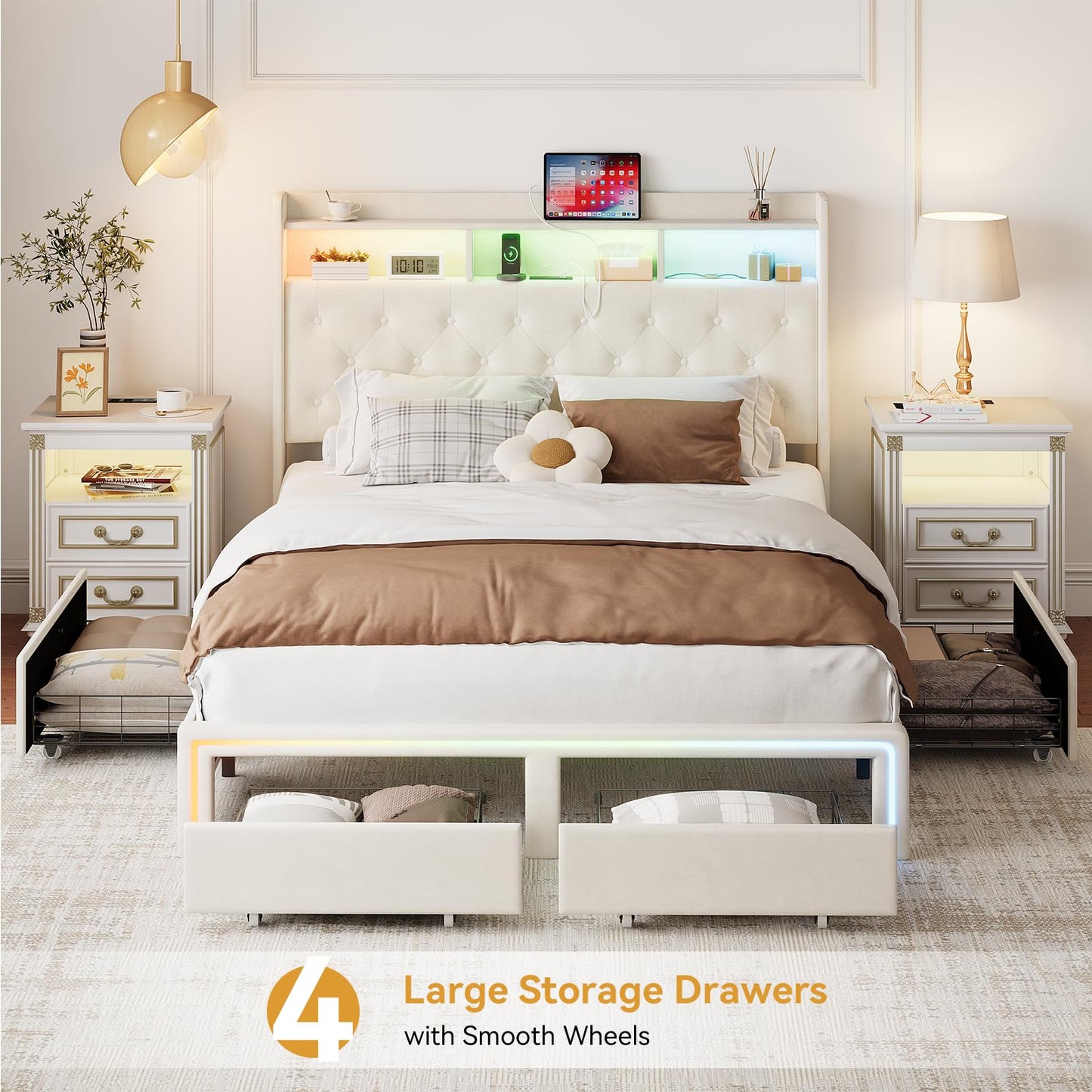VINTLJUS Full LED Bed Frame with Storage Headboard & Charging Station, Velvet Fabric Platform Bed Frames with 4 Drawers, Button Tufted Upholstered, No Box Spring Needed, Noise Free, Beige