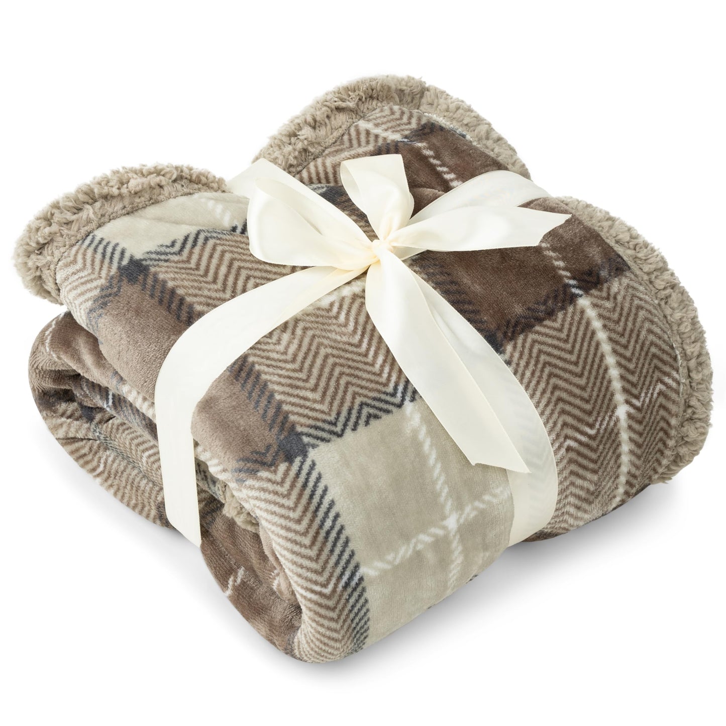 Pavilia Taupe Plaid Sherpa Throw Blanket - Plus Plush Flannel Fleece Blanket - Warm Cabin Sofa Bed Winter Throws 50x60
