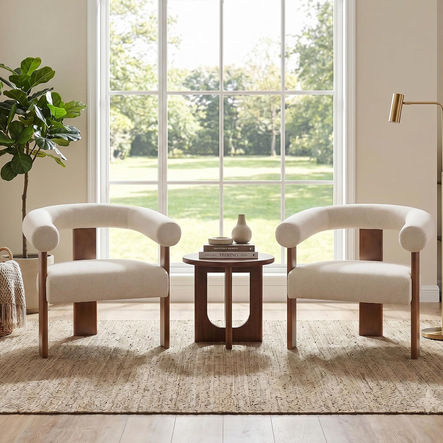 Usaint Upholstered Accent Chairs Set of 2, Mid-Century Modern Arm Chair Living Room Chairs with Walnut Wood Legs, Comfy Barrel Accent Chairs for Living Room, Bedroom, Vanity, Reading Room, Khaki