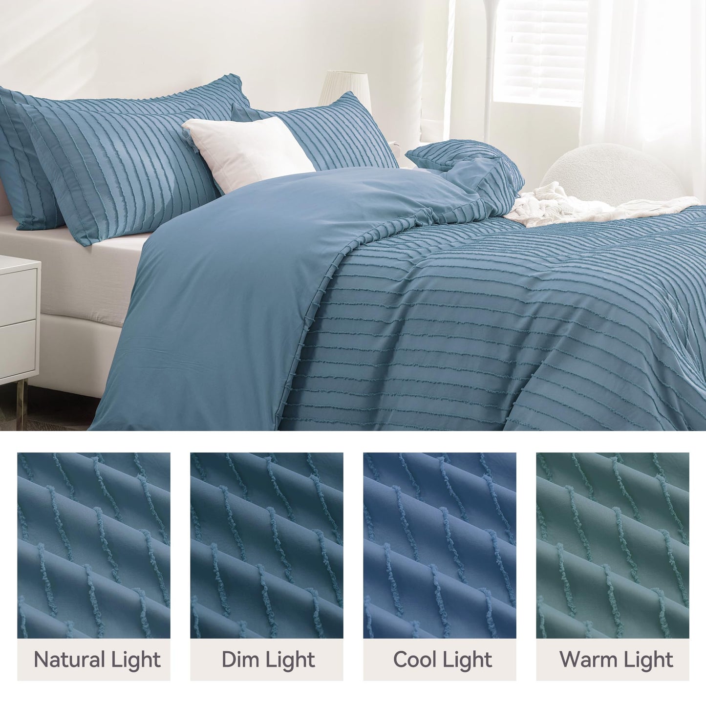 JELLYMONI Duvet Cover Full Size Blue - 3PCS Boho Striped Duvet Cover Set Polyester Tufted Bohemian Textured Comforter Cover with Corner Ties & Zipper Closure