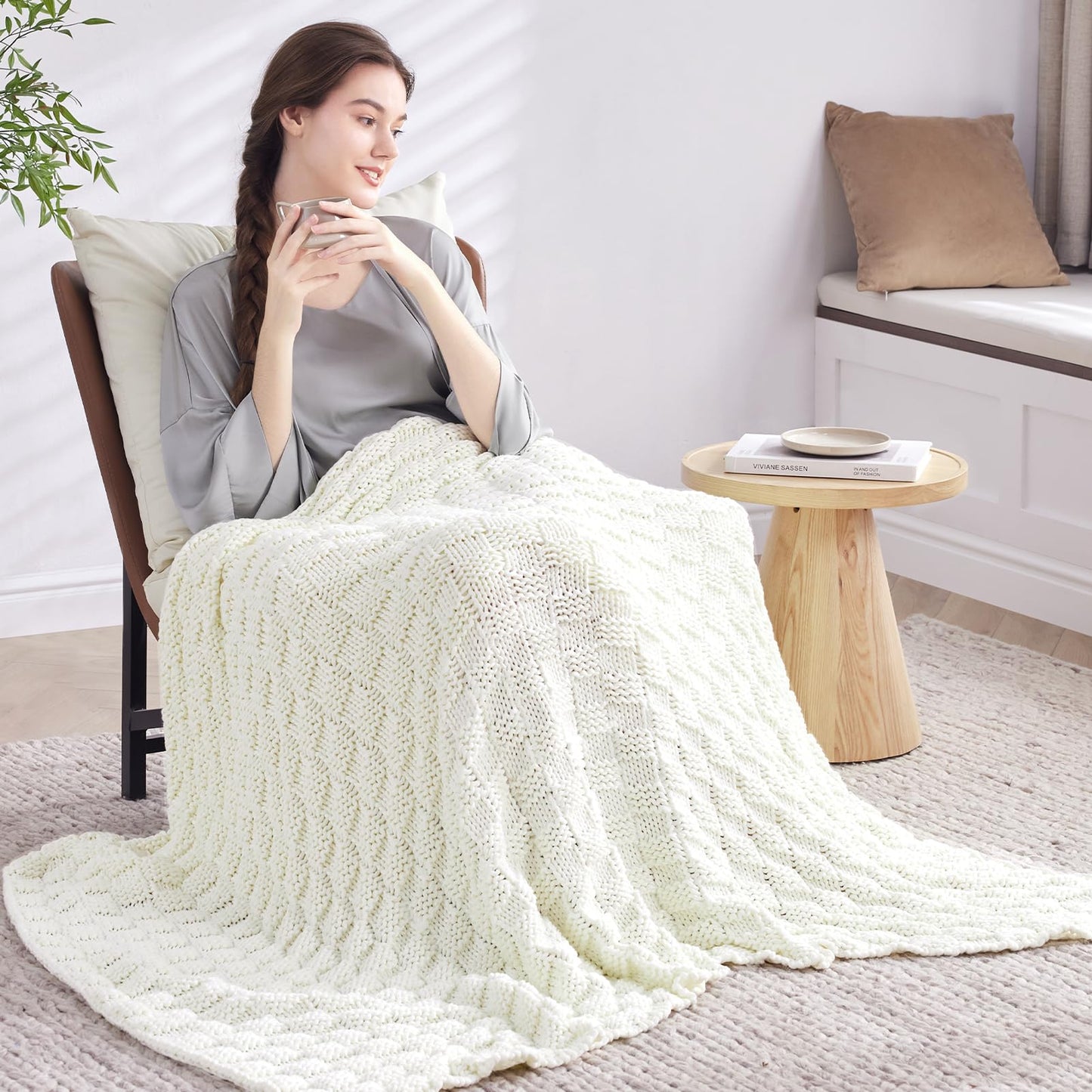 Wellfeel Knitted Weighted Blanket for Adult, No Beads Heavy Blanket 48” x 72'' 12lbs, Breathable Chunky Knit Blanket, Cooling Weighted Blanket for Hot Sleepers, Christmas Home Decor (Ivory White)