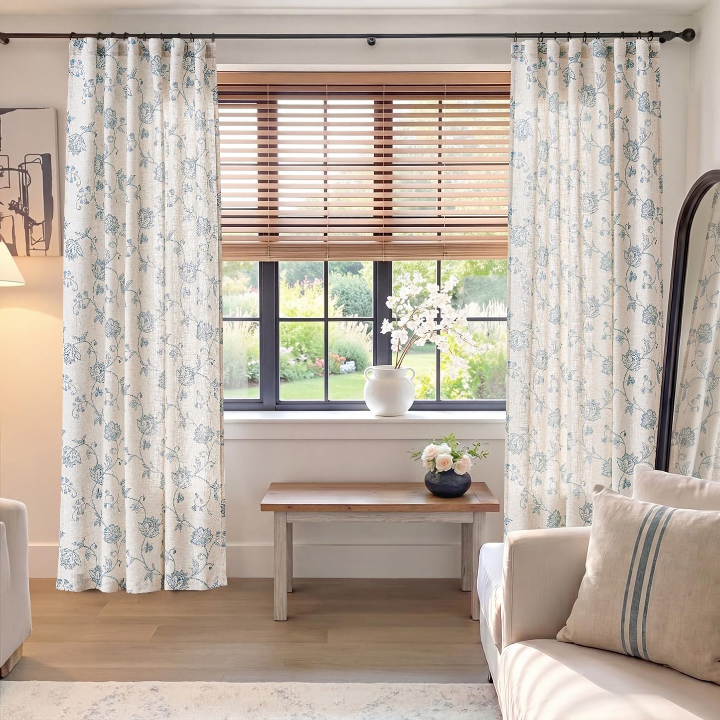 jinchan Linen Curtains Floral Curtain 84 Inch Length for Living Room Bedroom Light Filtering Rod Pocket Back Tab Jacobean Curtains Flax Linen Texture Window Drapes Set 2 Panels Blue on Linen