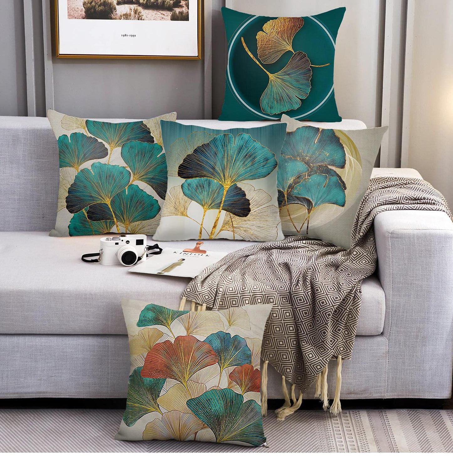 F Finerease Throw Pillow Cover Teal Ginkgo Leaves - 18 x 18 Inch Turquoise Pillow Cushion Cover - Set of 2 Square Cushion Case, Great for Sofa, Bedroom, Yard, Living Room Home Decor