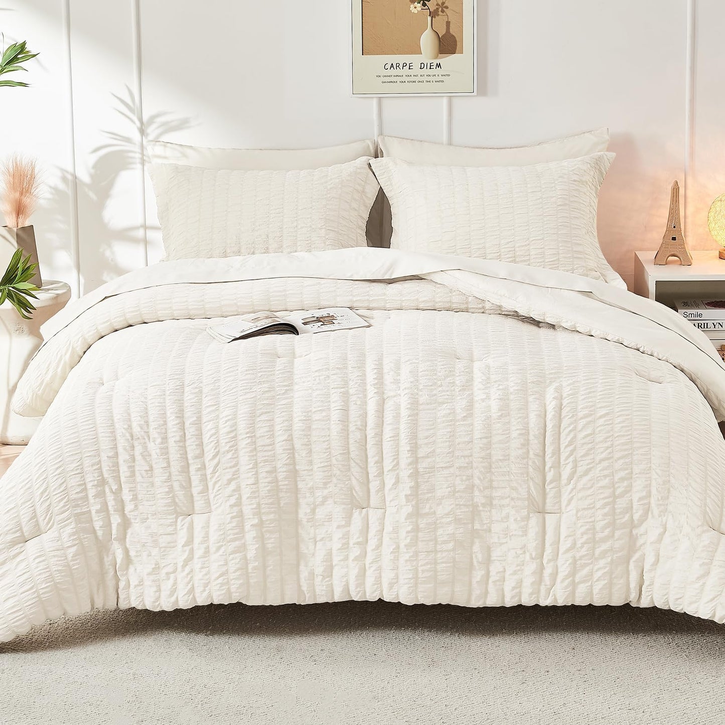 HYMOKEGE Ivory Oversized Queen Comforter Set Seersucker 7 Pieces, All Season Luxury Bed in a Bag for Bedroom, Bedding Set with Comforter, Sheets, Pillowcases & Shams