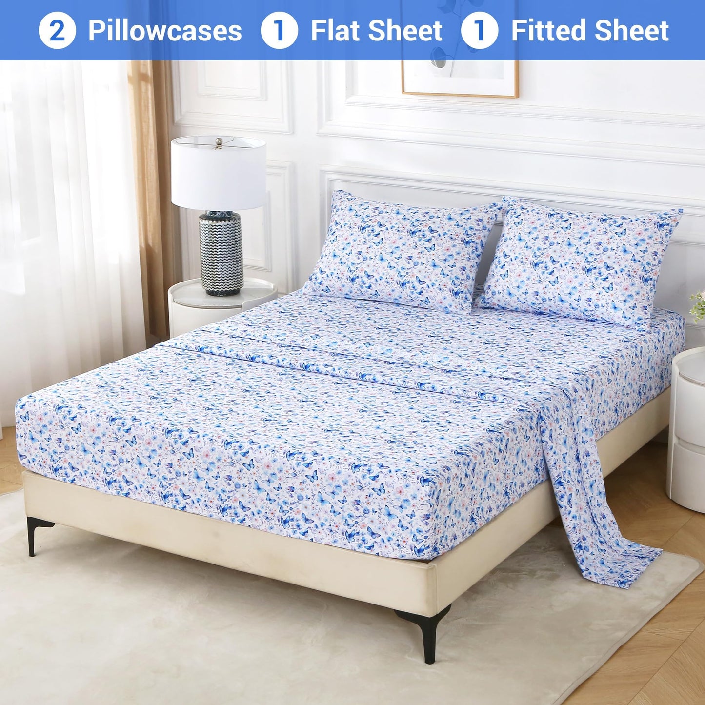 Softan King Floral Sheets, Microfiber Blue Flower Printed Fitted Sheets with Non-Slip Corner Straps and 15" Deep Pocket, Butterfly Patterned Cozy King Bed Sheets & Pillowcase Sets