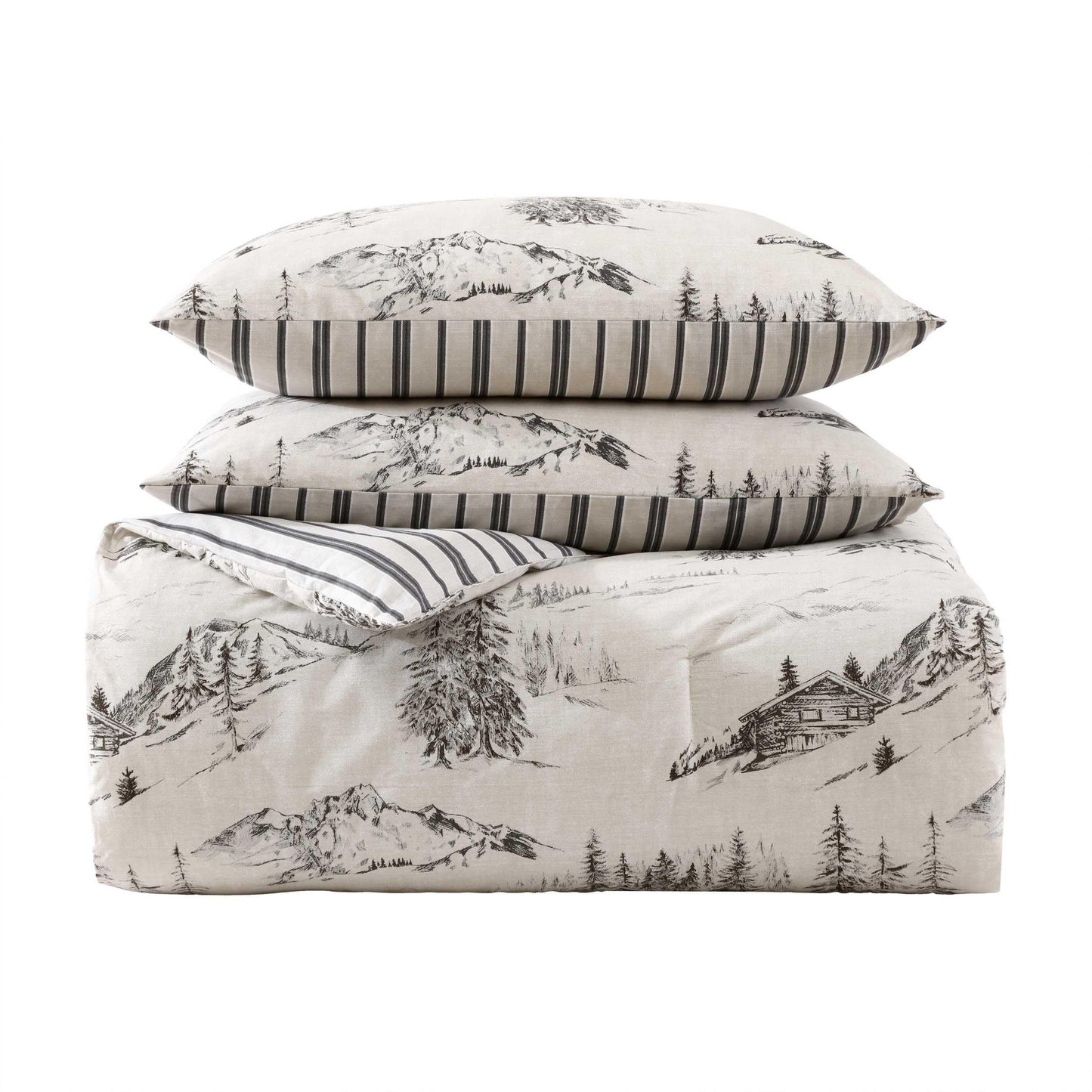 Eddie Bauer - Queen Duvet Cover Set with Shams, Cotton Percale Bedding, Reversible, Center Closure, Rocky Mountain Cabin Grey