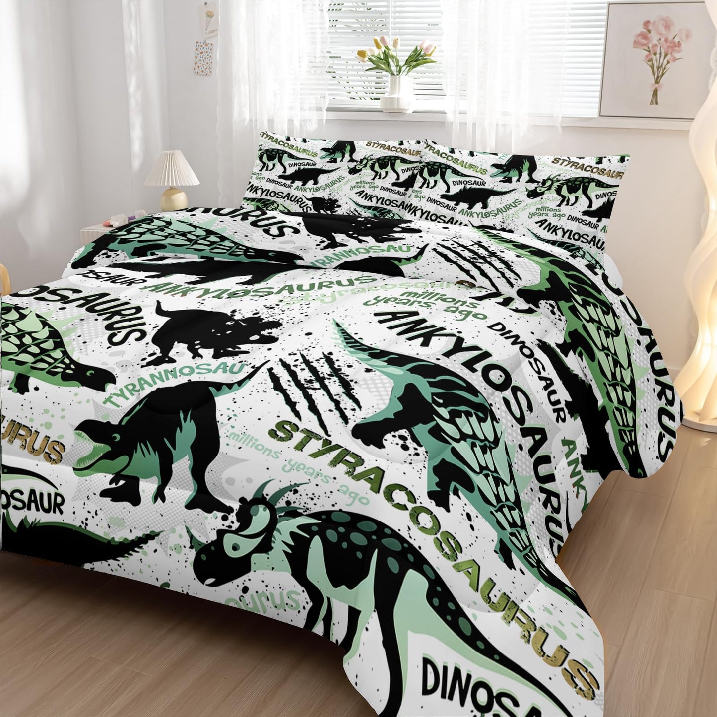 Nttopship Cartoon Dinosaur Comforter Sets 3 Pieces, Cute Animal Printed Bedding Sets for Boys Kids Adults Room Decor Comforter and 2 Pillowcases(Dinosaur Twin)