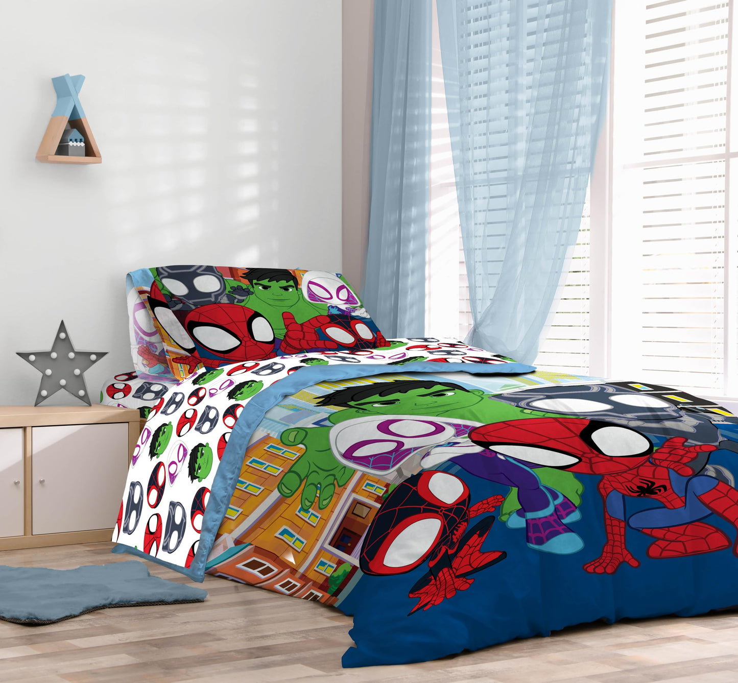 Sunny Side Up Marvel Spidey & His Amazing Friends Twin Comforter Set - 5 Piece Kids Bedding Includes Comforter, Sheets & Pillow Cover - Super Soft Superheroes Microfiber Bed Set
