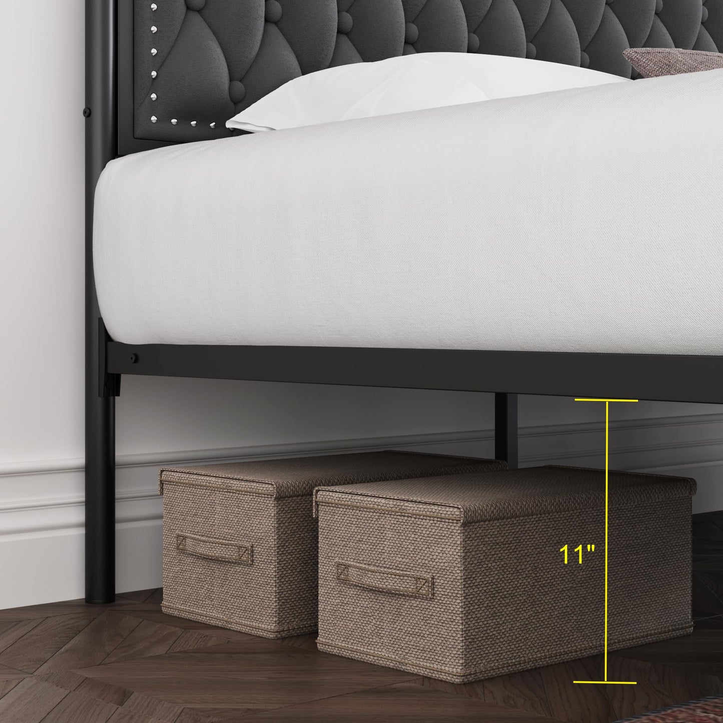 Keyluv King Upholstered Canopy Bed Frame with 3 Storage Drawers & Button Tufted Headboard, Metal Platform Bed with 4 Removable Posts, Two-Purpose Velvet Bed, Dark Grey/Curtain Not Included