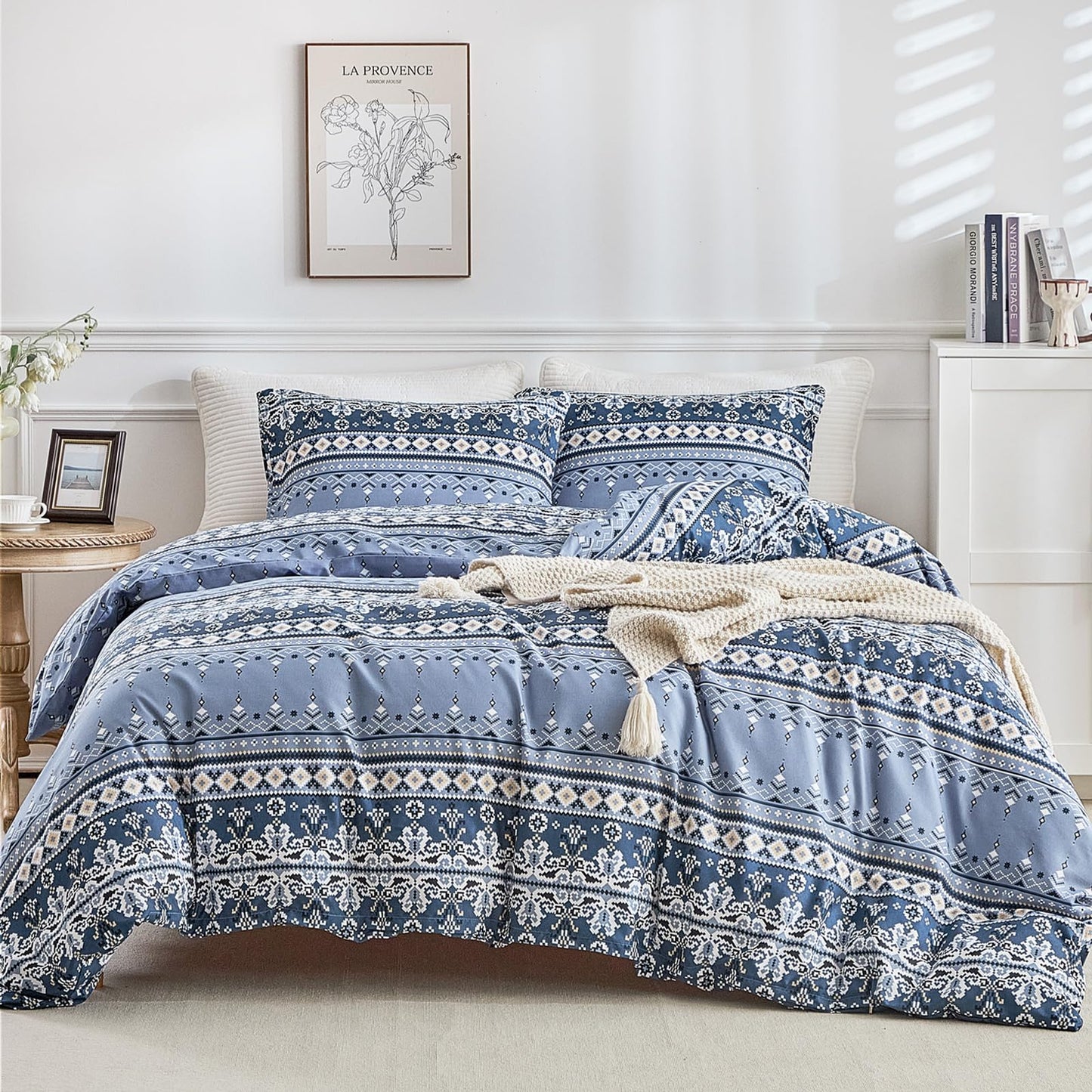 Lekesky Boho Duvet Cover King Size, Blue Comforter Cover King Size White Geometric Floral Printed Duvet Set, 3 Pieces Soft Microfiber Bedding Set with Zipper Ties (King, 104"x90")