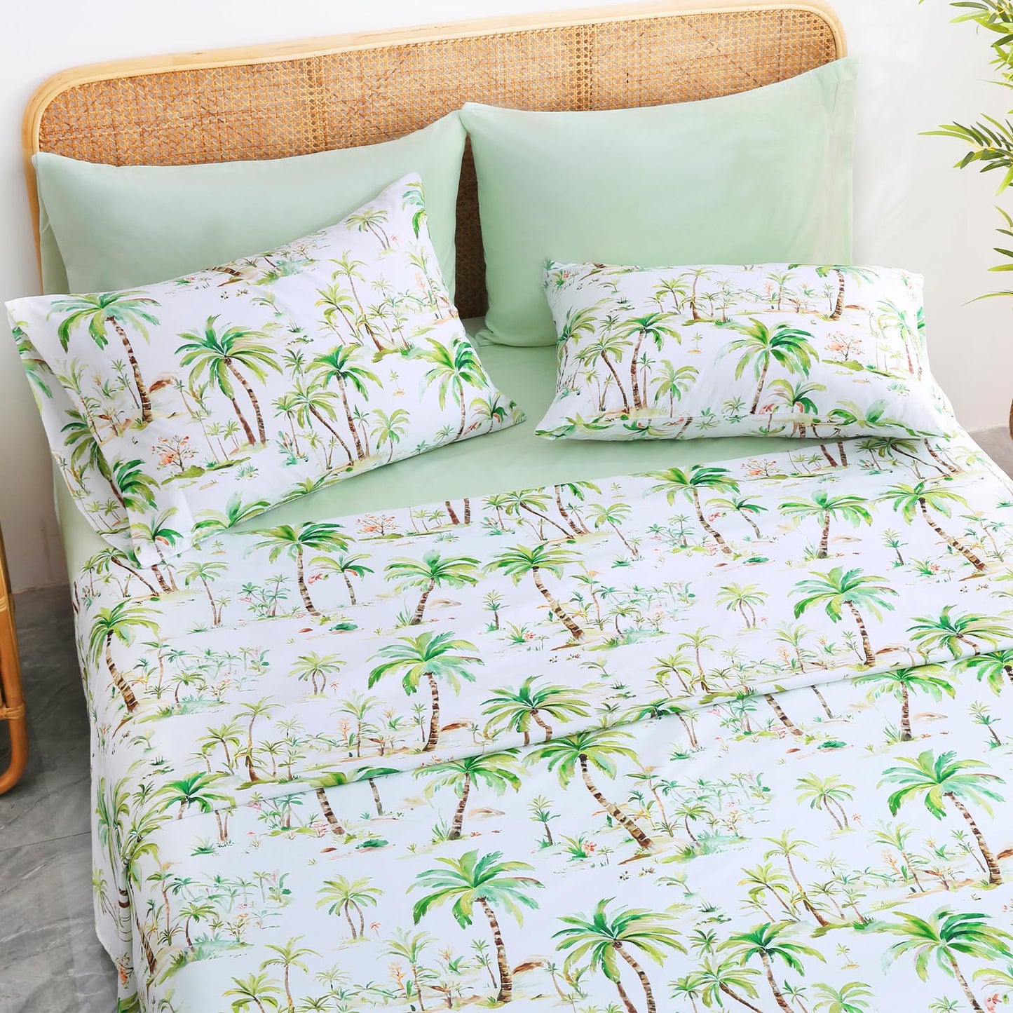 LONAVA Tropical Queen Size 6 Pcs Sheet Set, Breathable Microfiber Deep Pocket Sage Green Fitted Sheets, Comfy & Breathable Patterned Flat Sheets,4 Gentle Soft Pillowcases, Summer Tree
