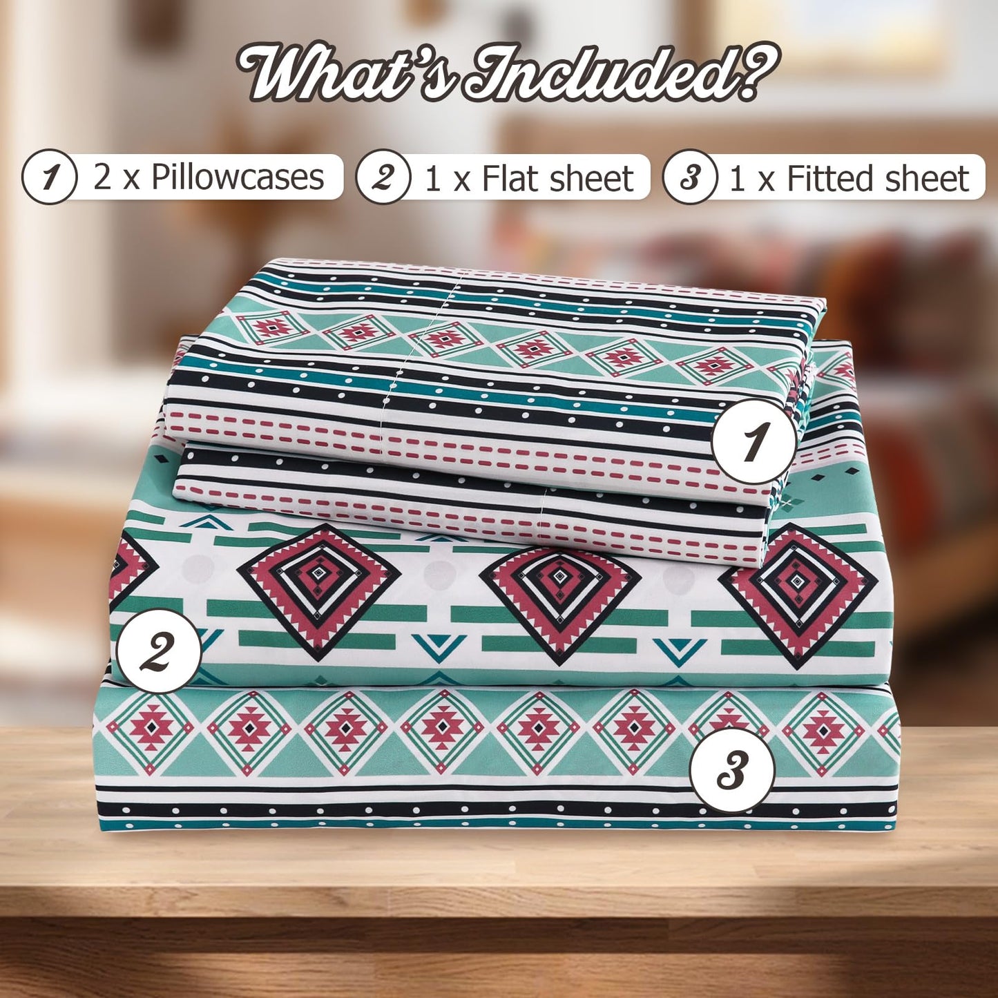 CozySmile 4 Pieces King Sheet Set Bohemian, Boho Sheets Soft Microfiber Deep Pocket, Western Sheets Geometric(King, Mint Coral Striped)