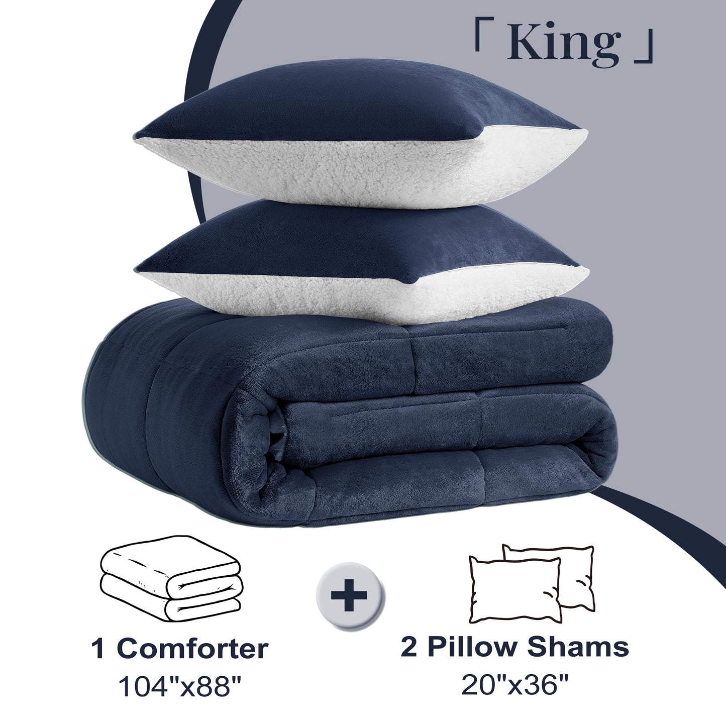 Basic Beyond King Size Comforter Set - Thick Fleece Sherpa Comforter Sets King Size Bed, Soft and Fuzzy Bedding Comforter Set King Size for Winter, Navy, 104"x88"