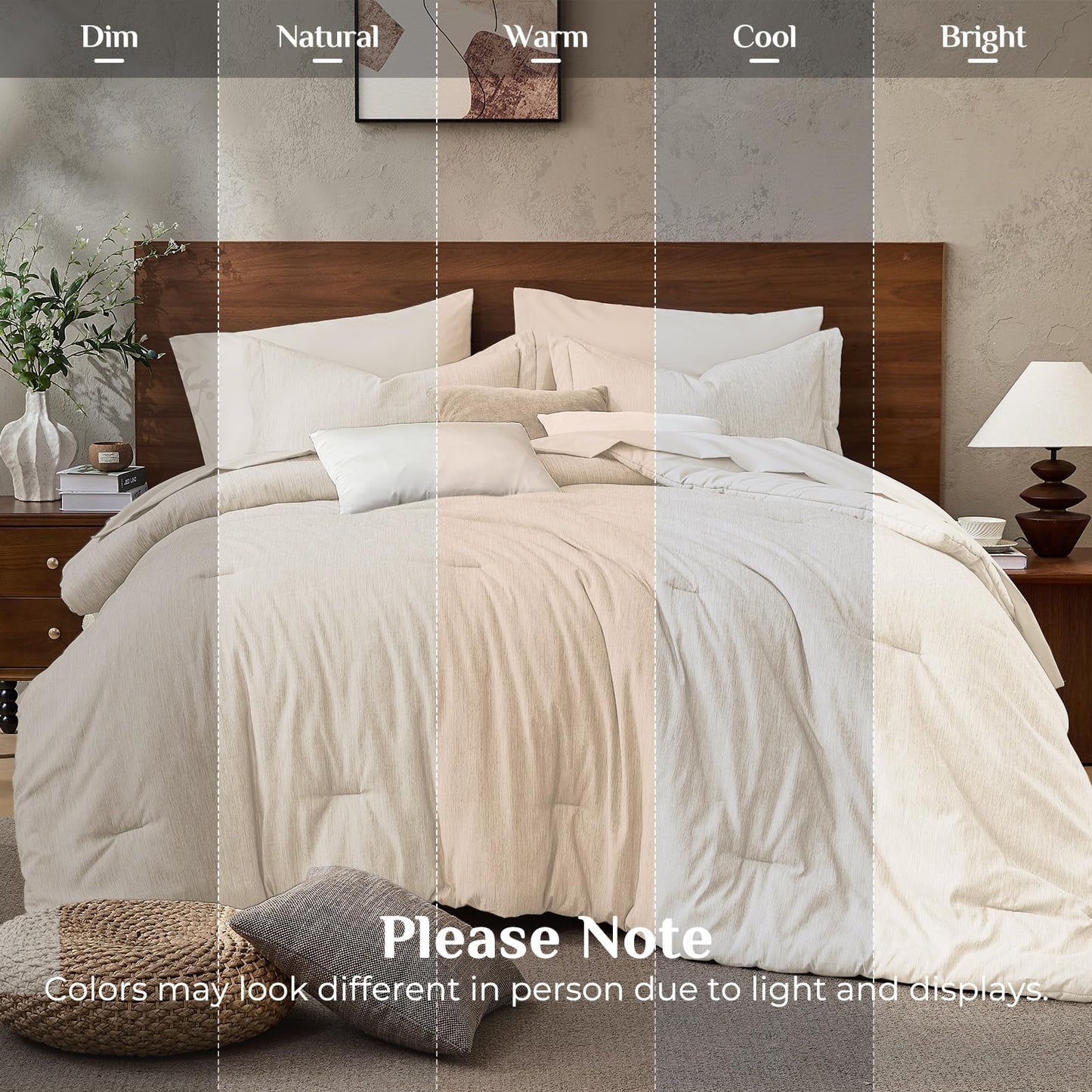 JOLLYVOGUE Queen Comforter Set, Cationic Dyeing Bed in a Bag 7 Pieces, Double-Tone Bedding Set with Down Alternative Comforter, Sheets, Pillowcases & Shams, Beige