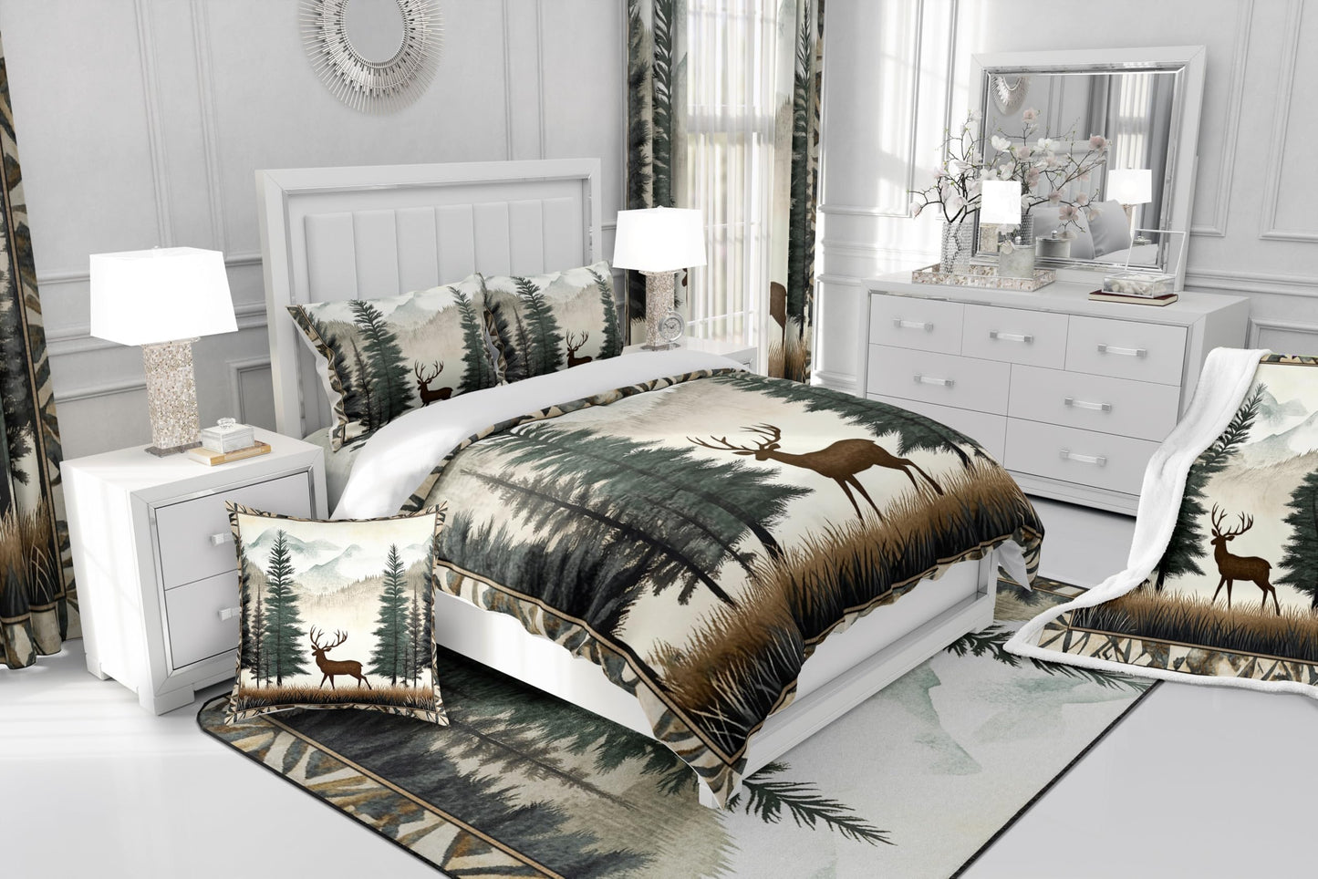 Deer Bedding Set Full Size,Pine Tree Animal Comforter Set for Kids Girls Boys Adults Room Decor,Foggy Mountain Plant Wildlife Duvet Insert 3Pcs,Retro Rustic Style Microfiber Quilt Set,2 Pillowcases