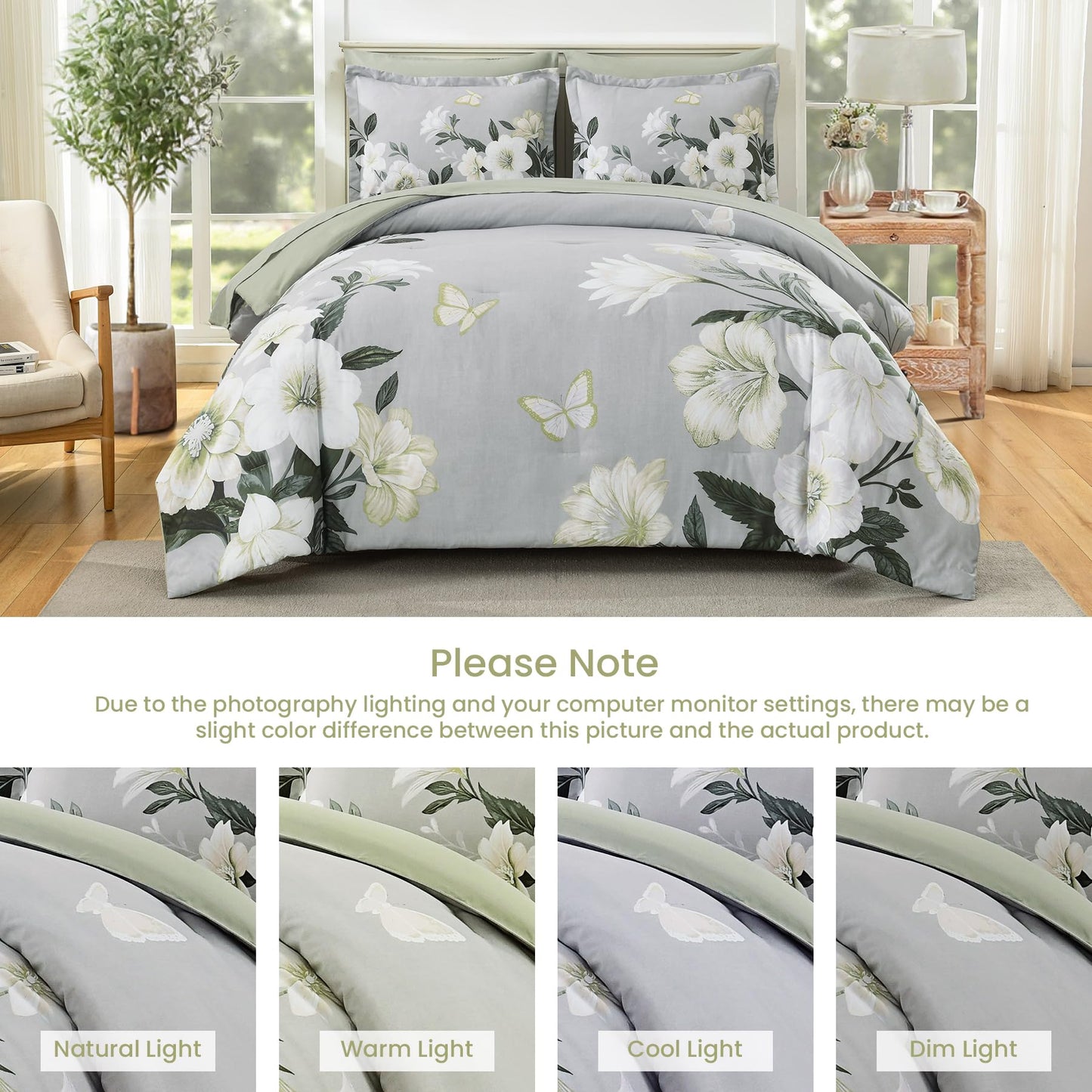 DHSFKBE Floral Comforter Set Queen Size,7 Piece Sage Green Bed in a Bag, Elegant Flower Pattern Comforter Set with Sheet, Soft Microfiber Complete Bedding Sets for All Season