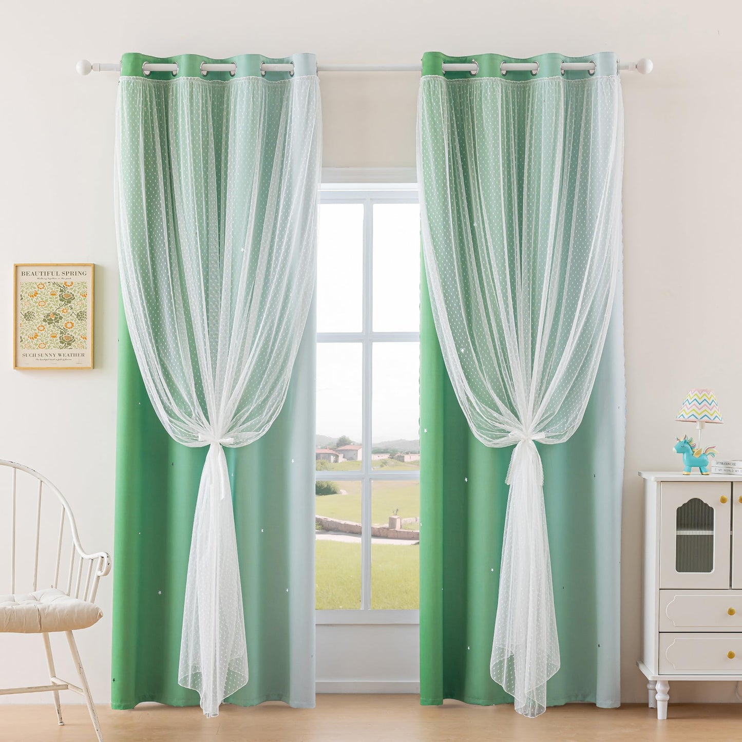 MYSKY HOME Boys Blackout Curtains 96 inches Long Green Ombre Decor for Kids Nursery Living Room, Hollow-Out Stars Thermal Insulated Grommet Curtain for Bedroom, W52 x L96 Inches, 2 Panels