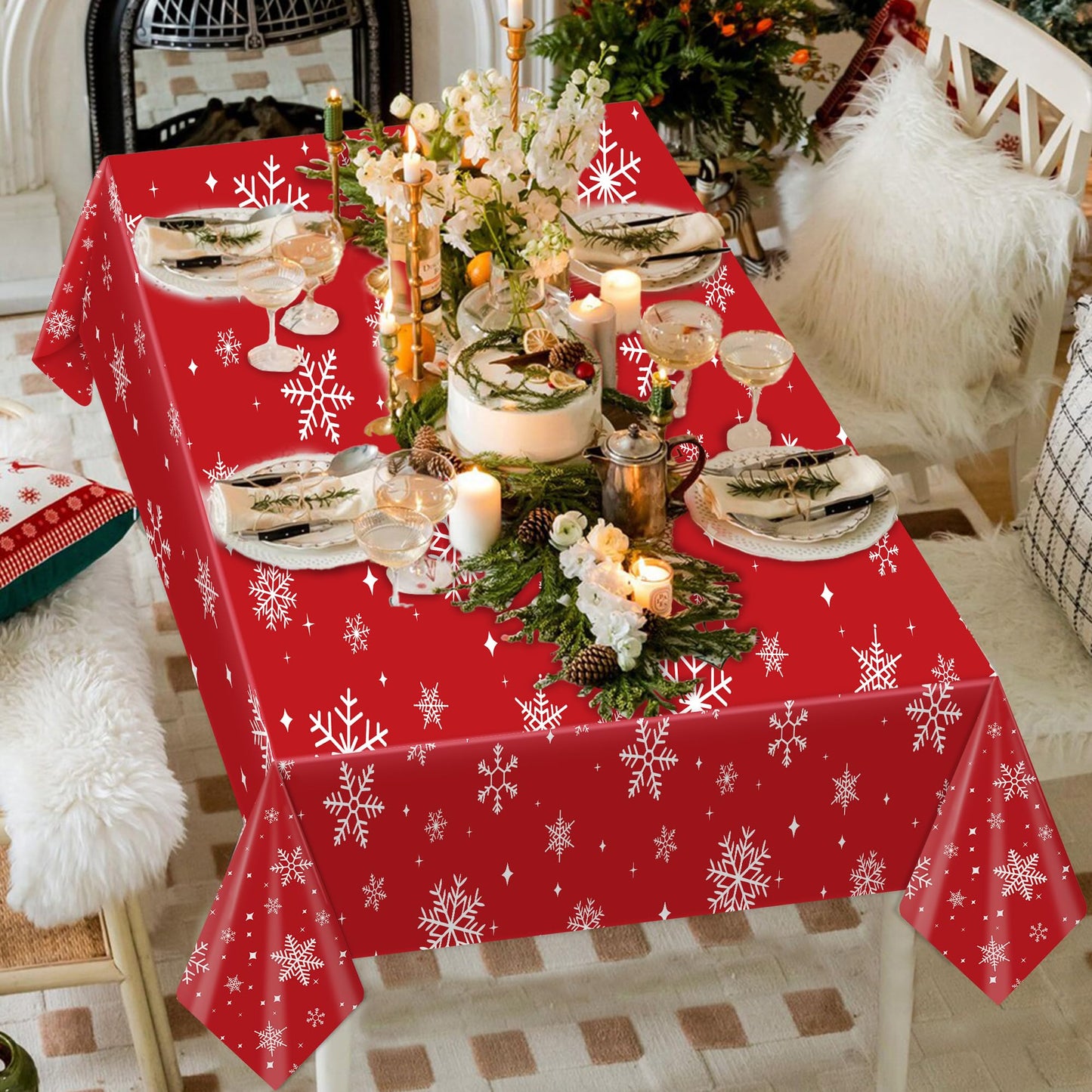 3Pack Christmas Plastic Party Tablecloth for Rectangle Tables, Christmas Disposable Table Cloth Decoration, Red Snowflake Xmas Tablecloths for Winter New Year Holiday Supplies,54x108in