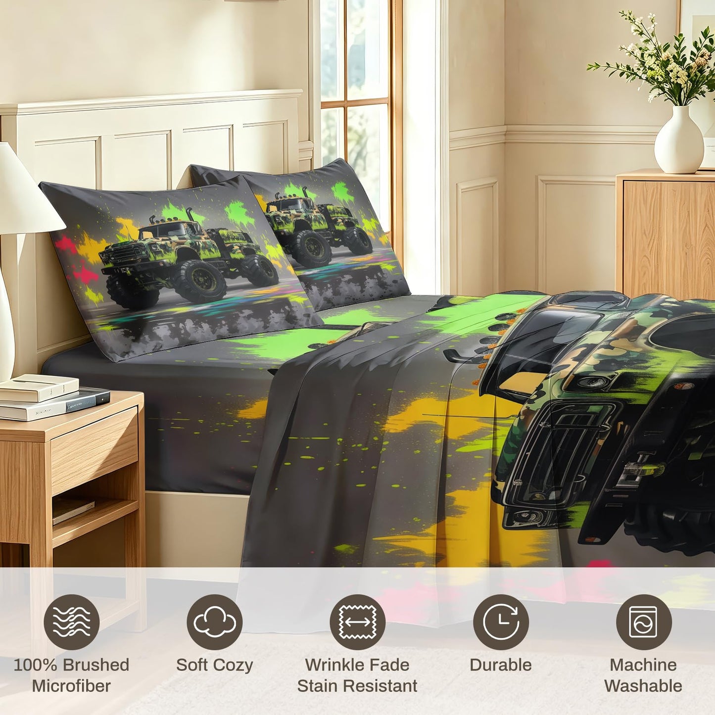 Monster Truck Queen Bedding Set Off Road Sheet Sets, Green