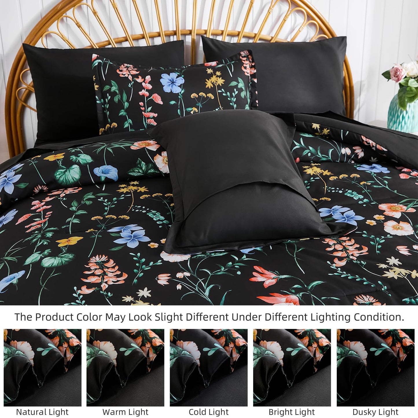 DJY Black Floral Comforter Set King Size,Black Pink Botanical Bedding Comforter Sets,7 Pieces Bed in a Bag Lightweight Microfiber Comforter Set with Sheets Pillowcases & Shams for All Seasons