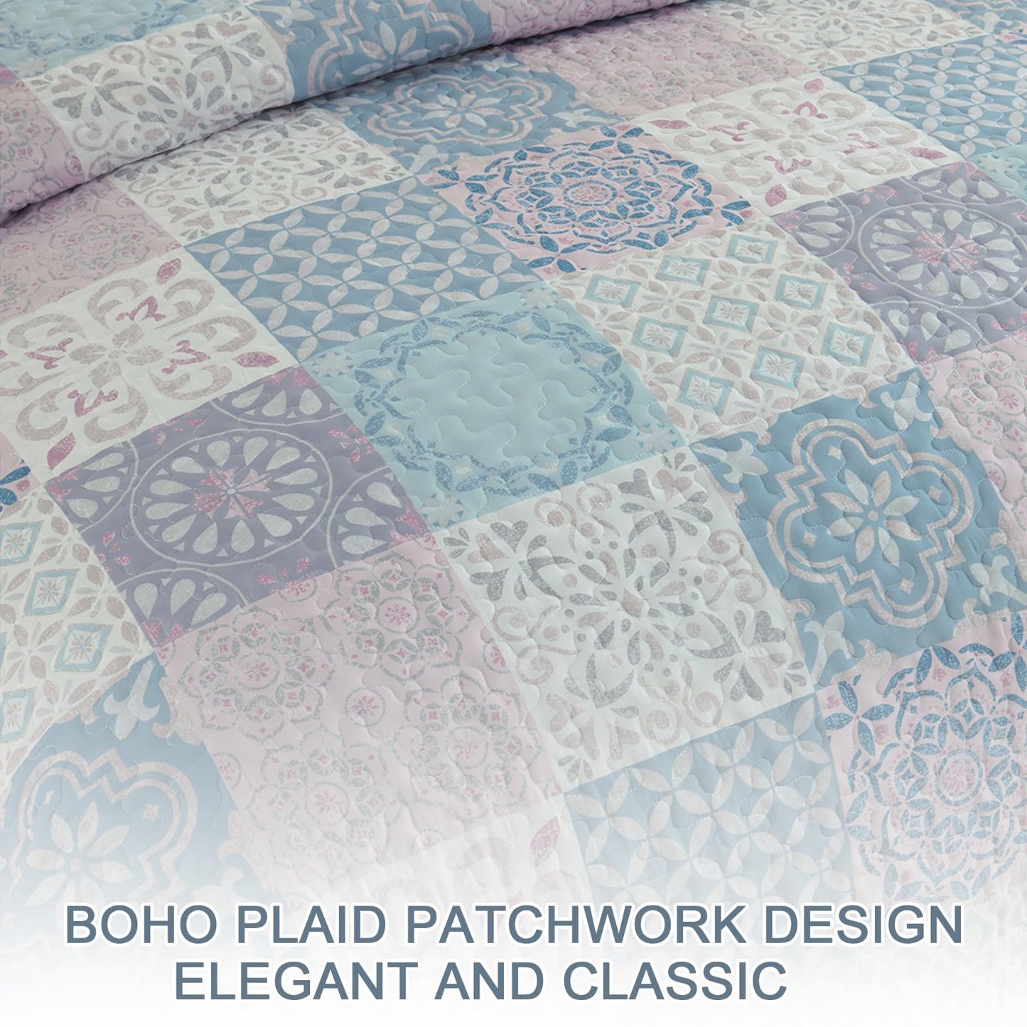 Dobuyly Quilt Set Queen Size, Light Blue/Pink Patchwork Bedspread 3 Pieces, Boho Plaid Summer Coverlet Set, Soft Lightweight Quilt Bedding Set for All Seasons 96"x90"
