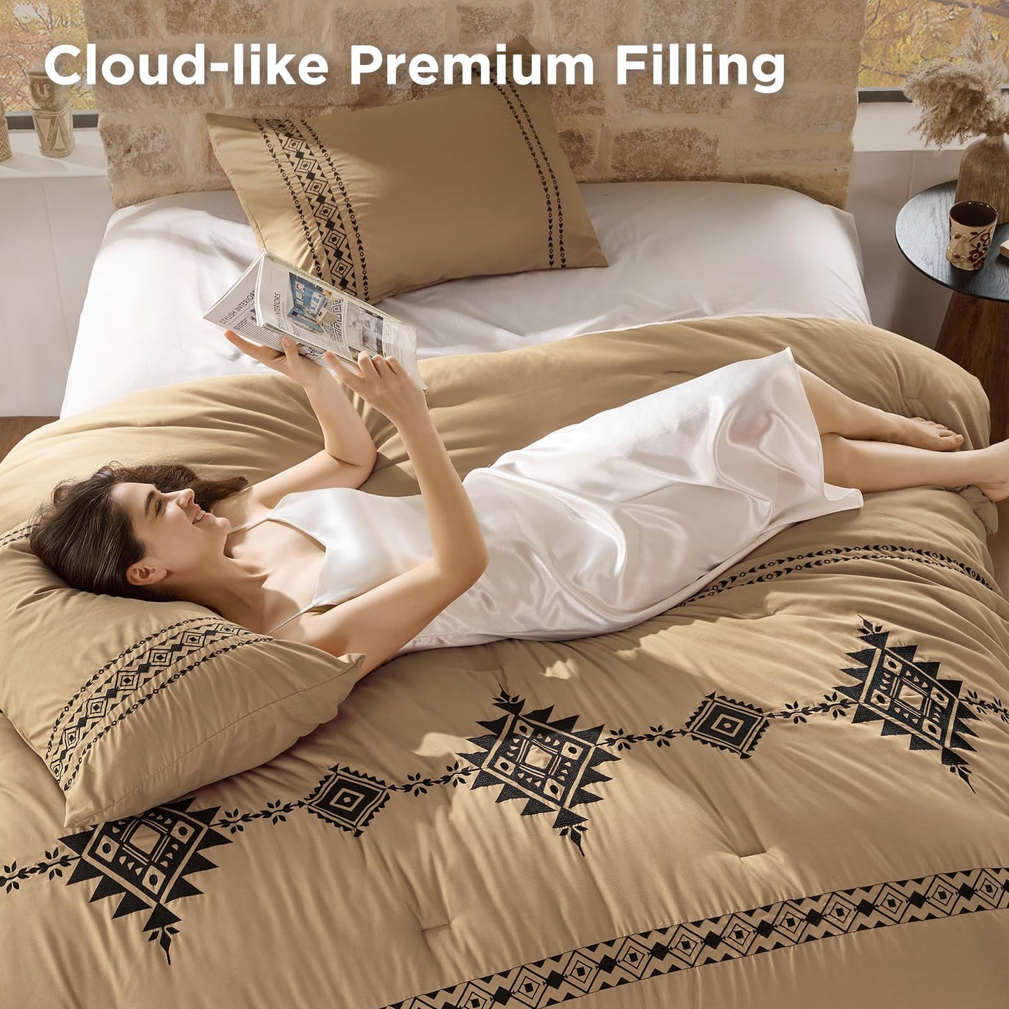 Baskbed Boho Embroidered Bed Comforter Queen Set, 3-Piece Western Shabby Chic Bedding Set - Fluffy Ultra Soft Microfiber with Intricate Design, Includes Comforter & 2 Pillowcases, Khaki(88"x88")