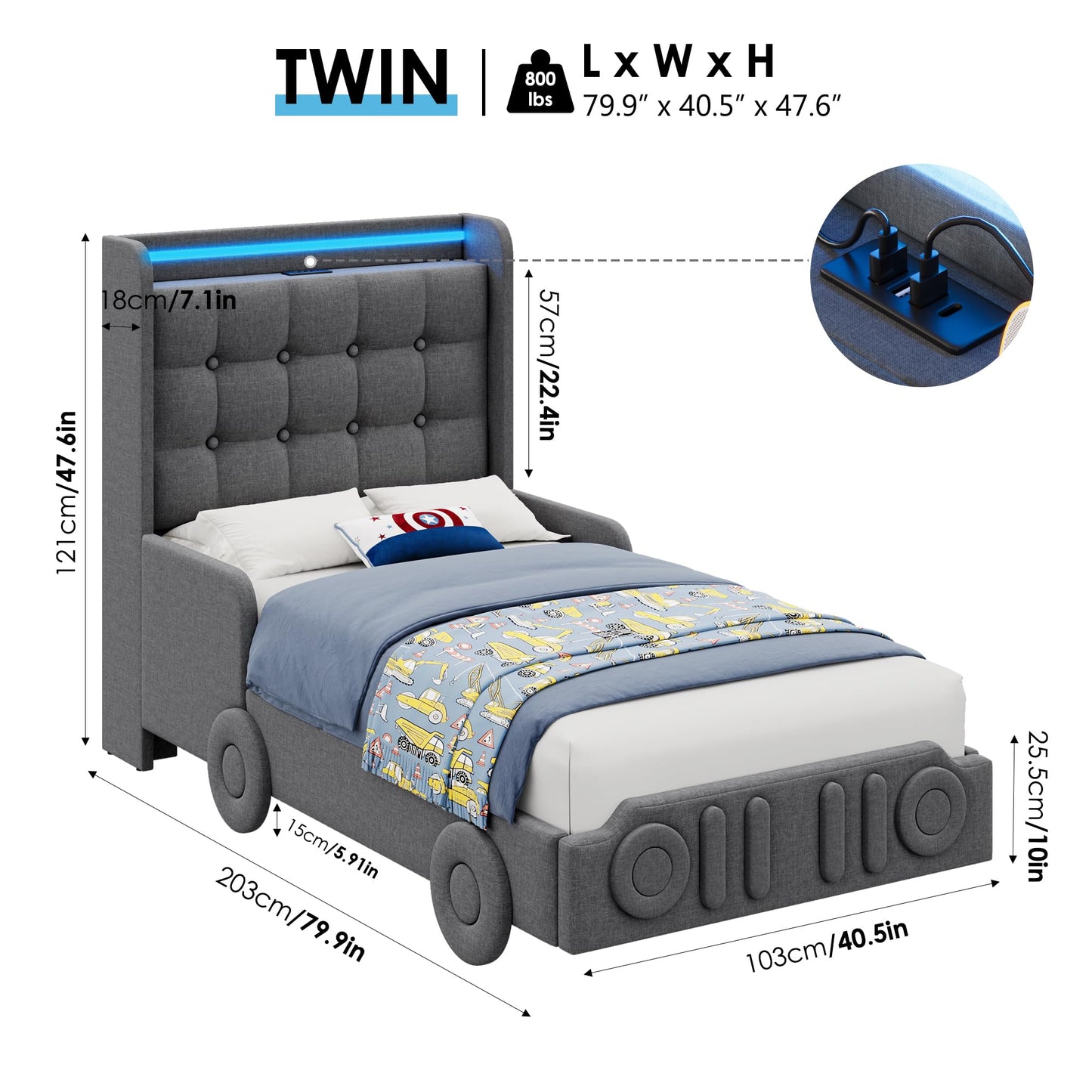 Keyluv Twin Car Bed Frame with LED Lights and Charging Station, Upholstered Platform Bed with Button Tufted Headboard and Wheels, No Box Spring Needed, Noise-Free, Easy Assembly, Fabric, Dark Grey