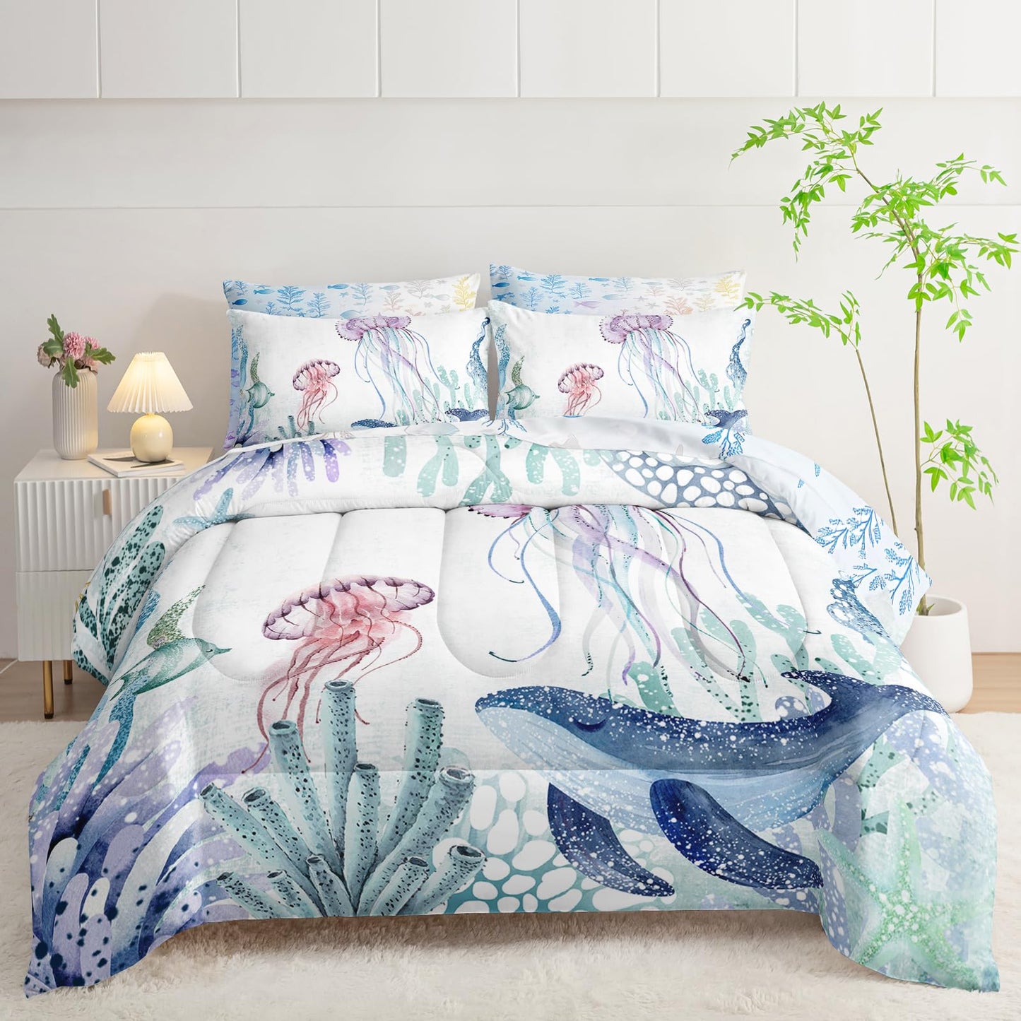 AILONEN Blue Jellyfish Kids Comforter Set Twin Size,7-Piece Soft Bed in a Bag, Teal Blue Ocean Beach Coastal Comforter & Fitted Sheet & Flat Sheet & 2 Pillowcases,2 Pillow Shams