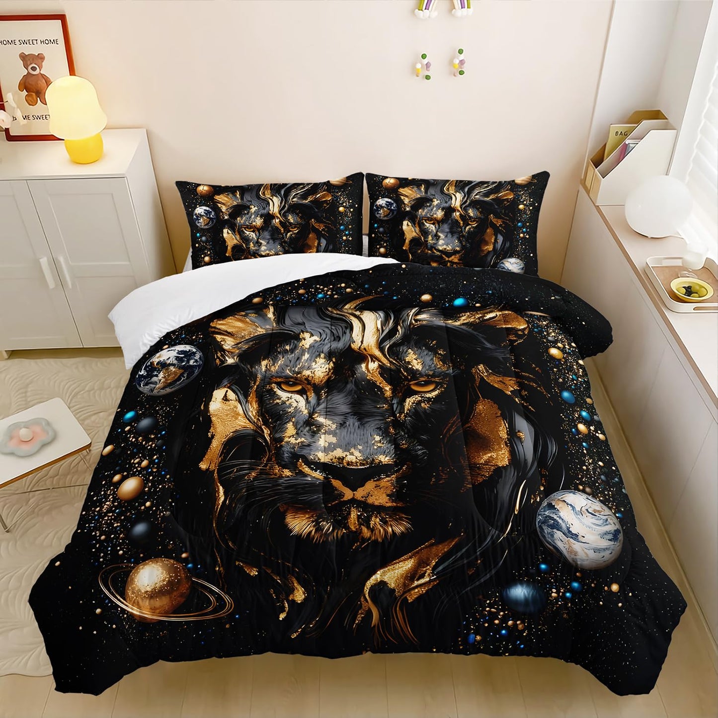 XYNHML 3D Black Golden Lion Theme Comforter 3Pcs Twin Outer Space Planet Earth Bedding Set for Kid Teen Girl Boy Adult Tropical African Wildlife Lion Quilt Bed Decor with 1 Comforter & 2 Pillowcases