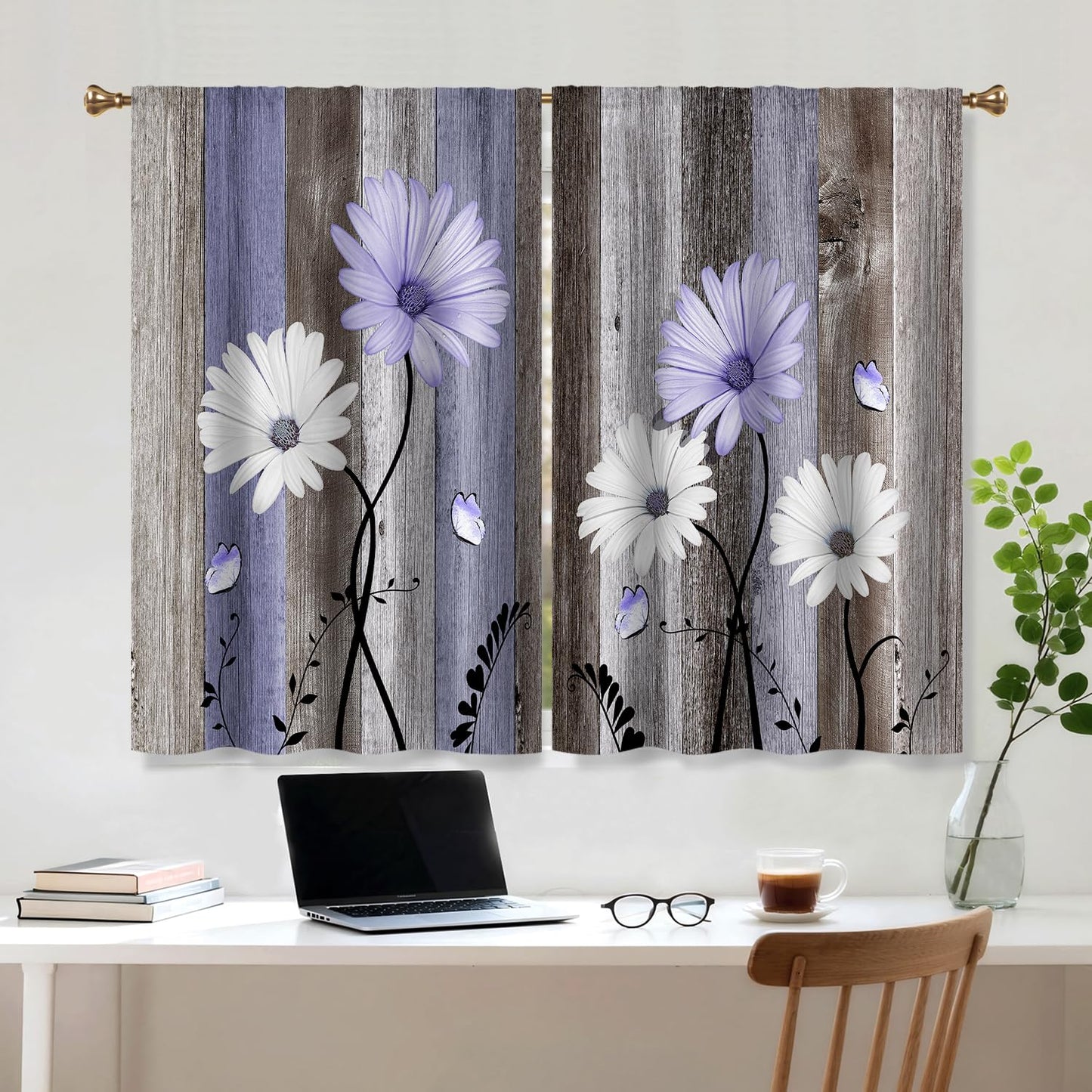 Cizuug Purple Farmhouse Daisy Kitchen Curtains Wooden Flower Small Short Cafe Window Curtains Rustic Floral Butterfly Country Bathroom Drapes Treatment Tier Curtains 2 Panels
