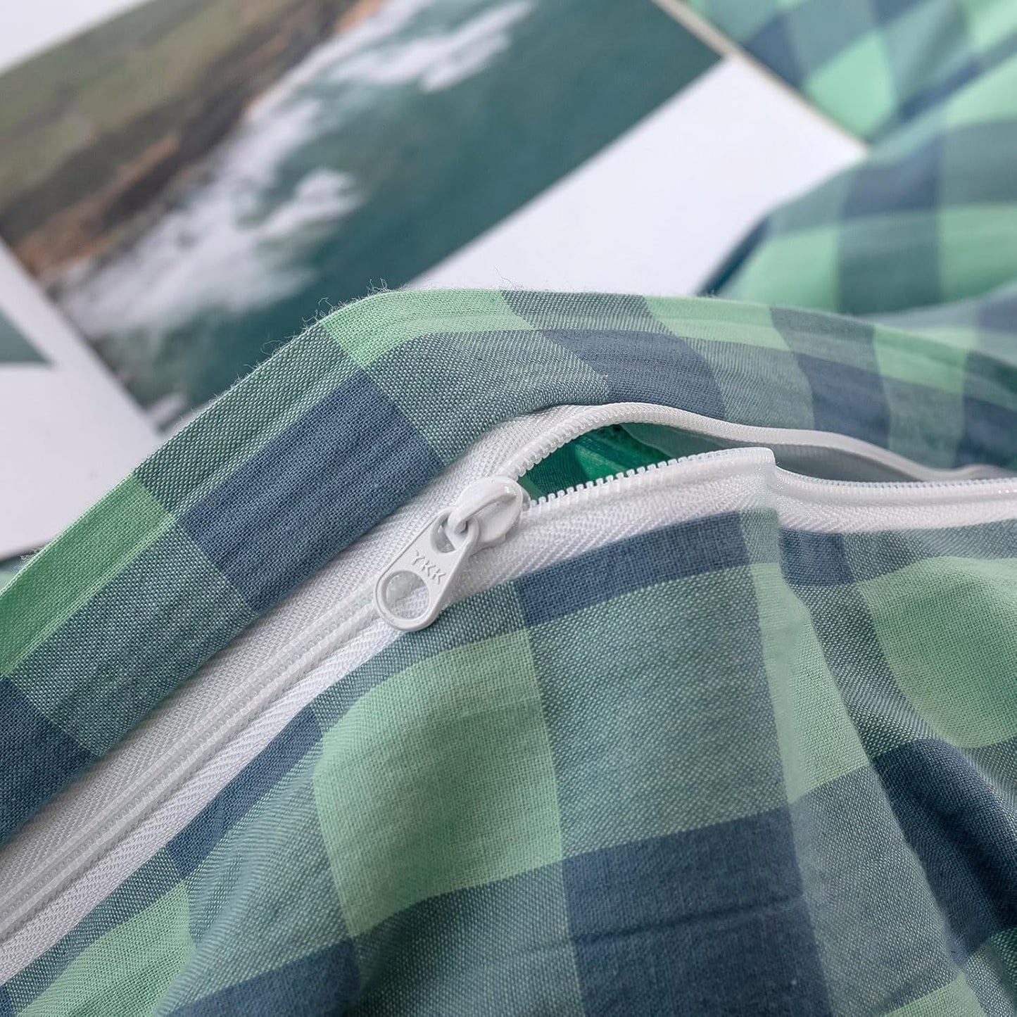 mixinni Green Gingham Grid Duvet Cover Queen, 100% Washed Cotton Modern Geometric Bedding Set with 2 Pillowcases, Farmhouse Style Blue Plaid Comforter Cover Set for Men & Women, Soft & Lightweight