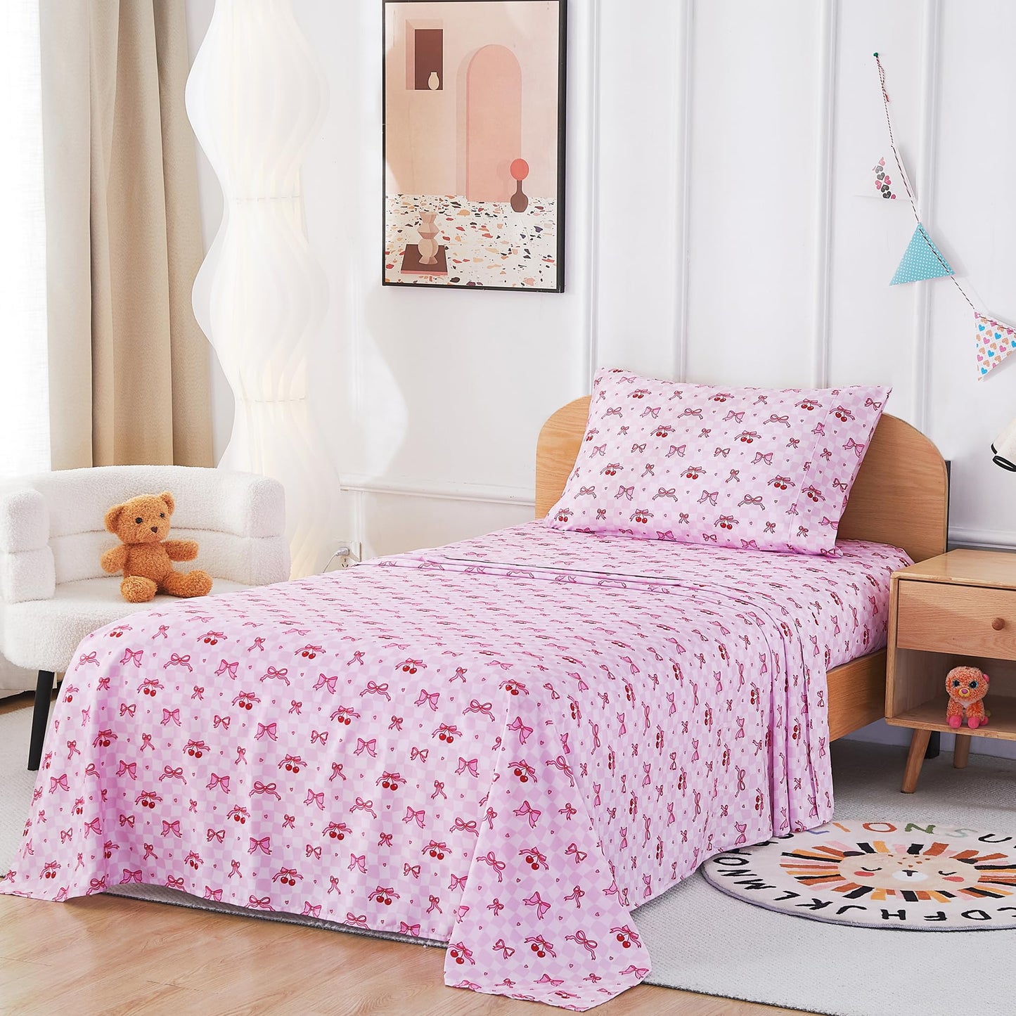lasoftan Kids Sheet Set Twin Size, Twin Sheet Set with Pink Cherry Pattern,Breathable Silky Soft Microfiber Kids Fitted Sheet